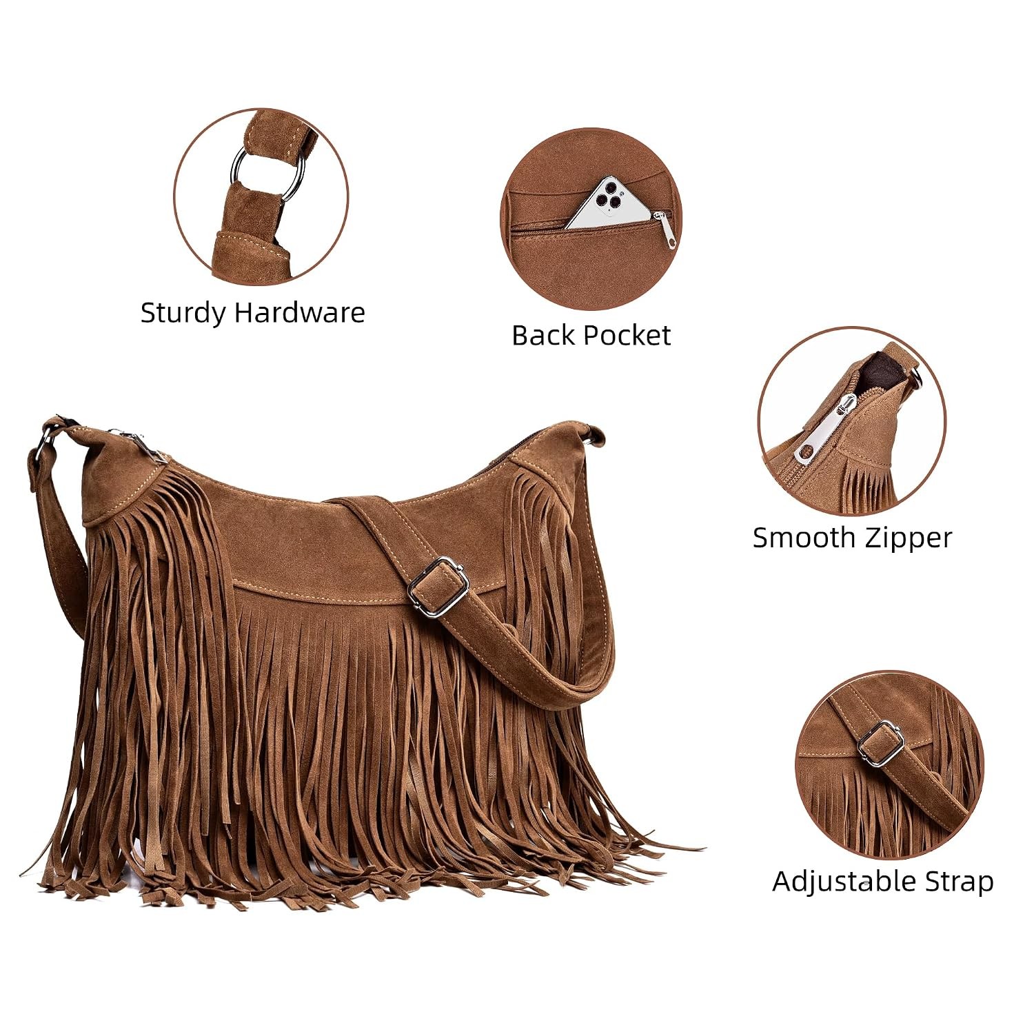 Brown Vintage Suede Fringe Hobo Crossbody Bag for Women Western Style Women’s