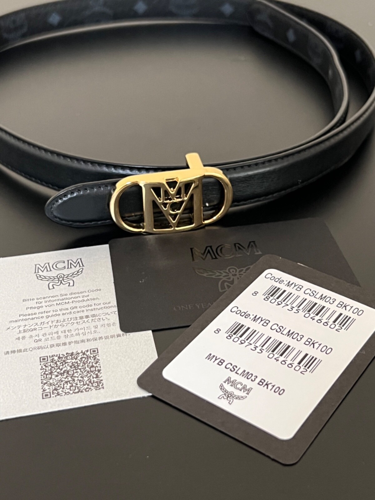 MCM Mode Mena Black Reversible Leather Belt 24K SH Gold 100 / L