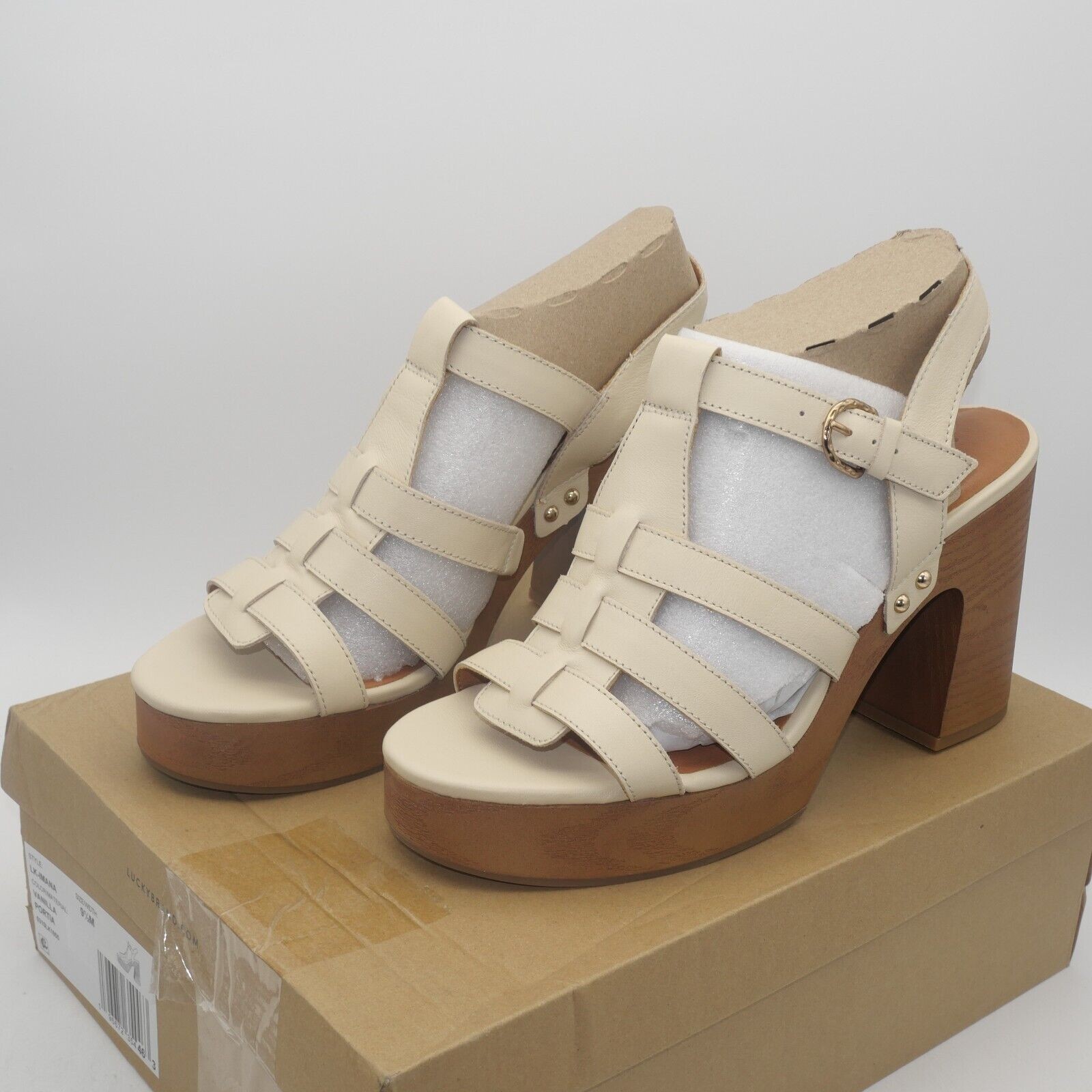 NEW Lucky Brand Women’s 9.5 Imana Leather Ankle Strap Sandals Heels Vanilla