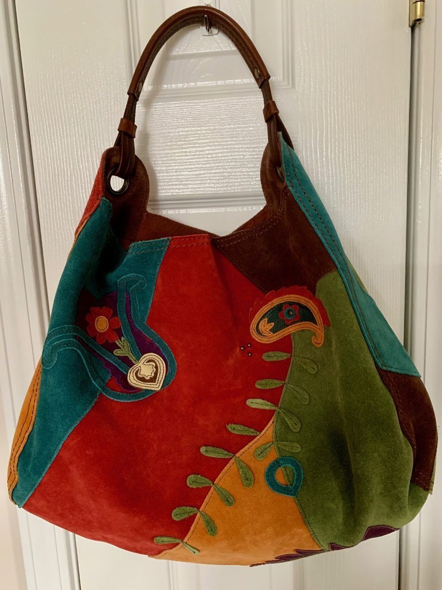 LUCKY BRAND LEATHER SUEDE BOHO SHOULDER BAG HIPPIE HANDBAG PATCH WORK FLOWERS