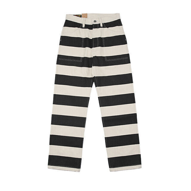 BOB DONG Retro Prisoner Striped Motorcycle Pants Men Casual Biker Trousers Thick