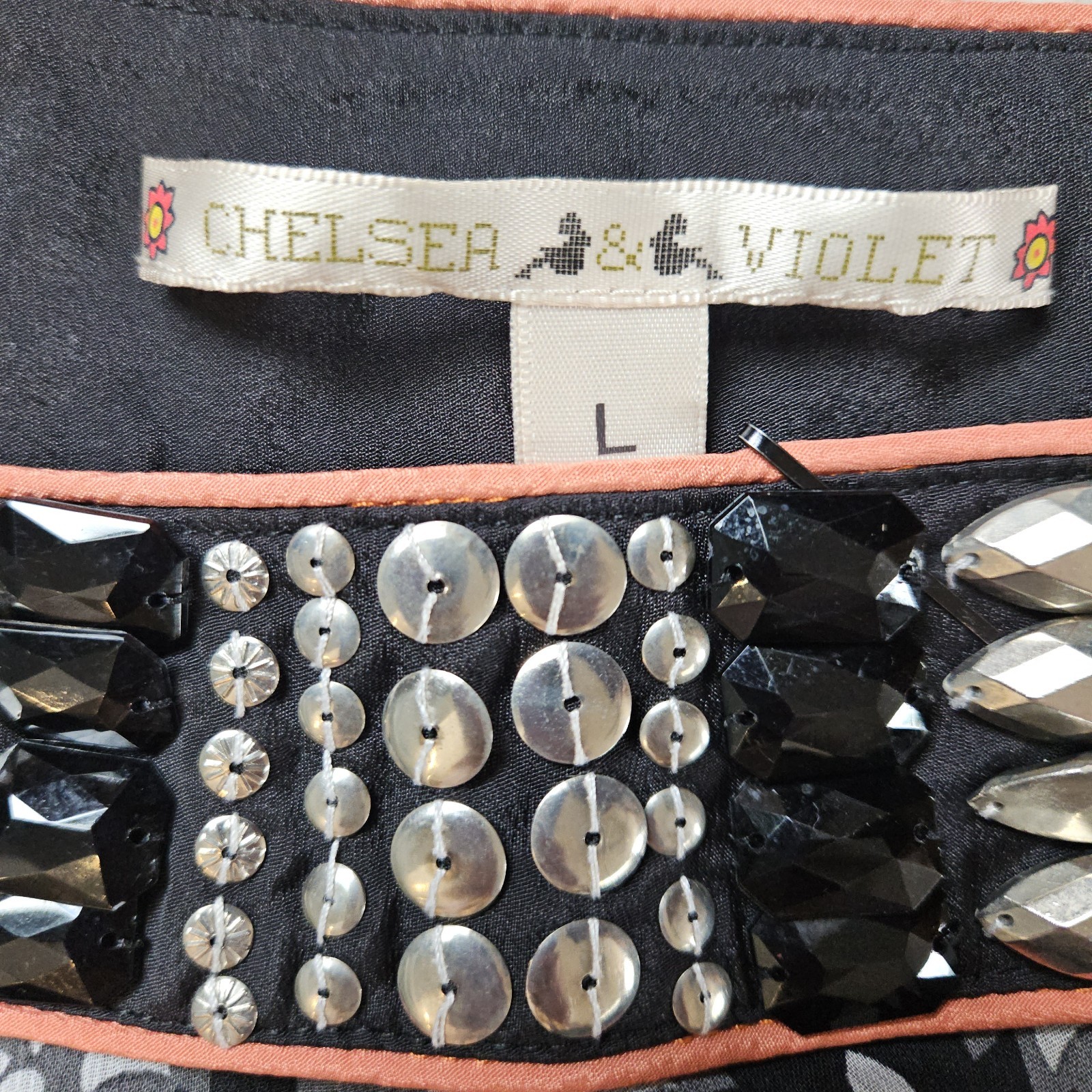 Chelsea & Violet One Shoulder Dress Large Coral Black Embellished Beaded Boho