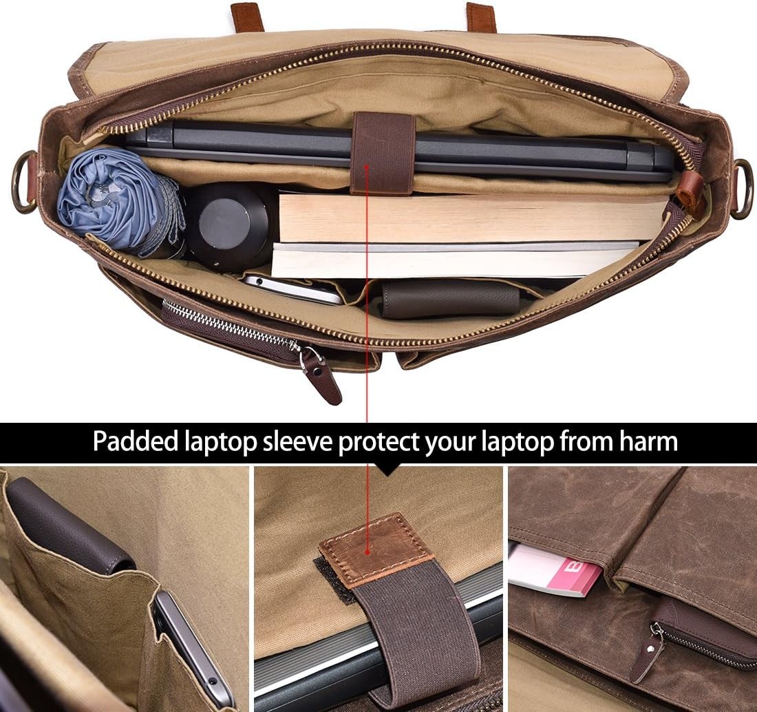 Waterproof Vintage Genuine Leather Messenger Bag 15.6 Inch Laptop – Brown
