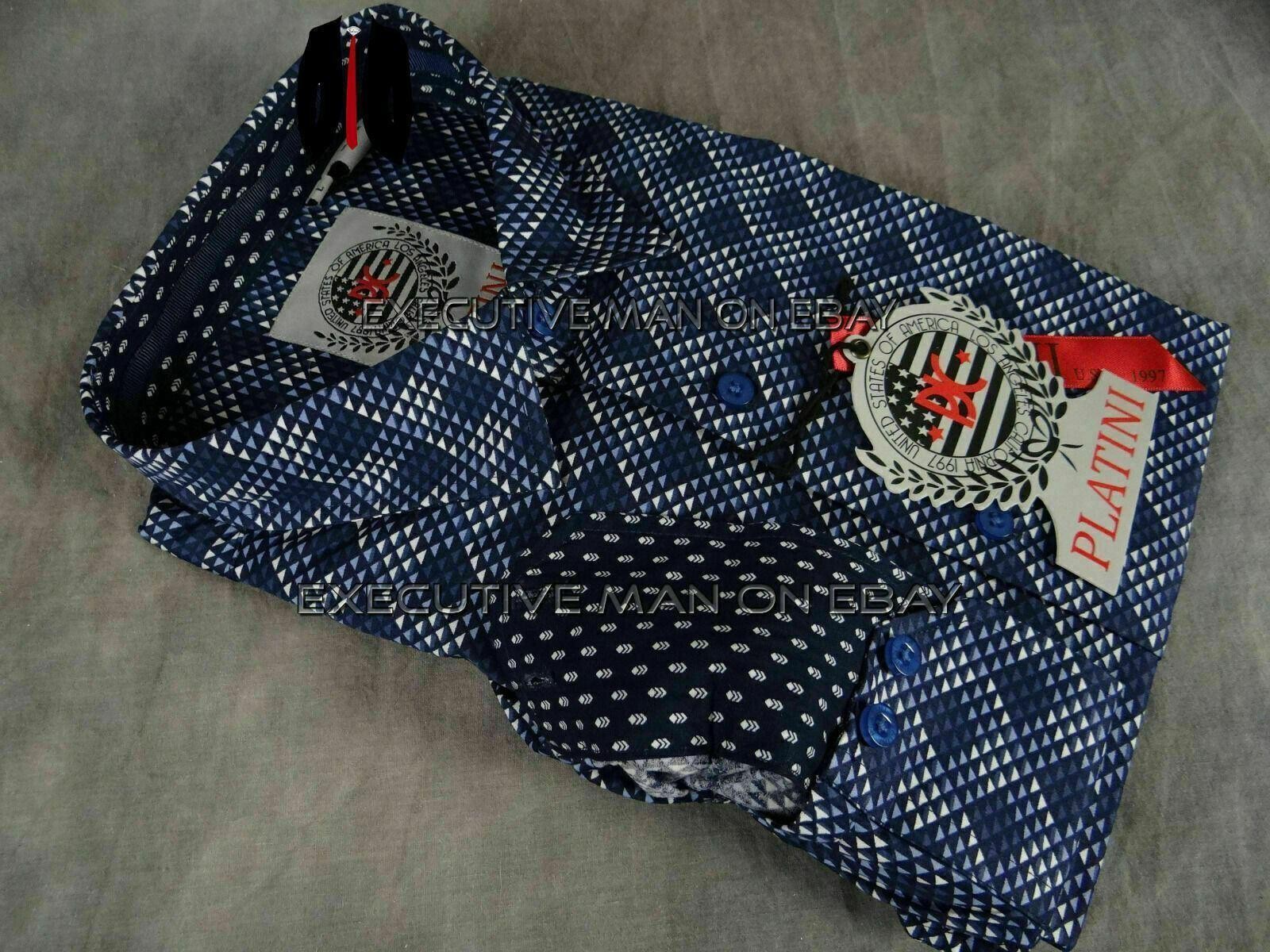 Mens PLATINI Button Shirt Blue Diamond Shades Complementing Trim Slim Fit