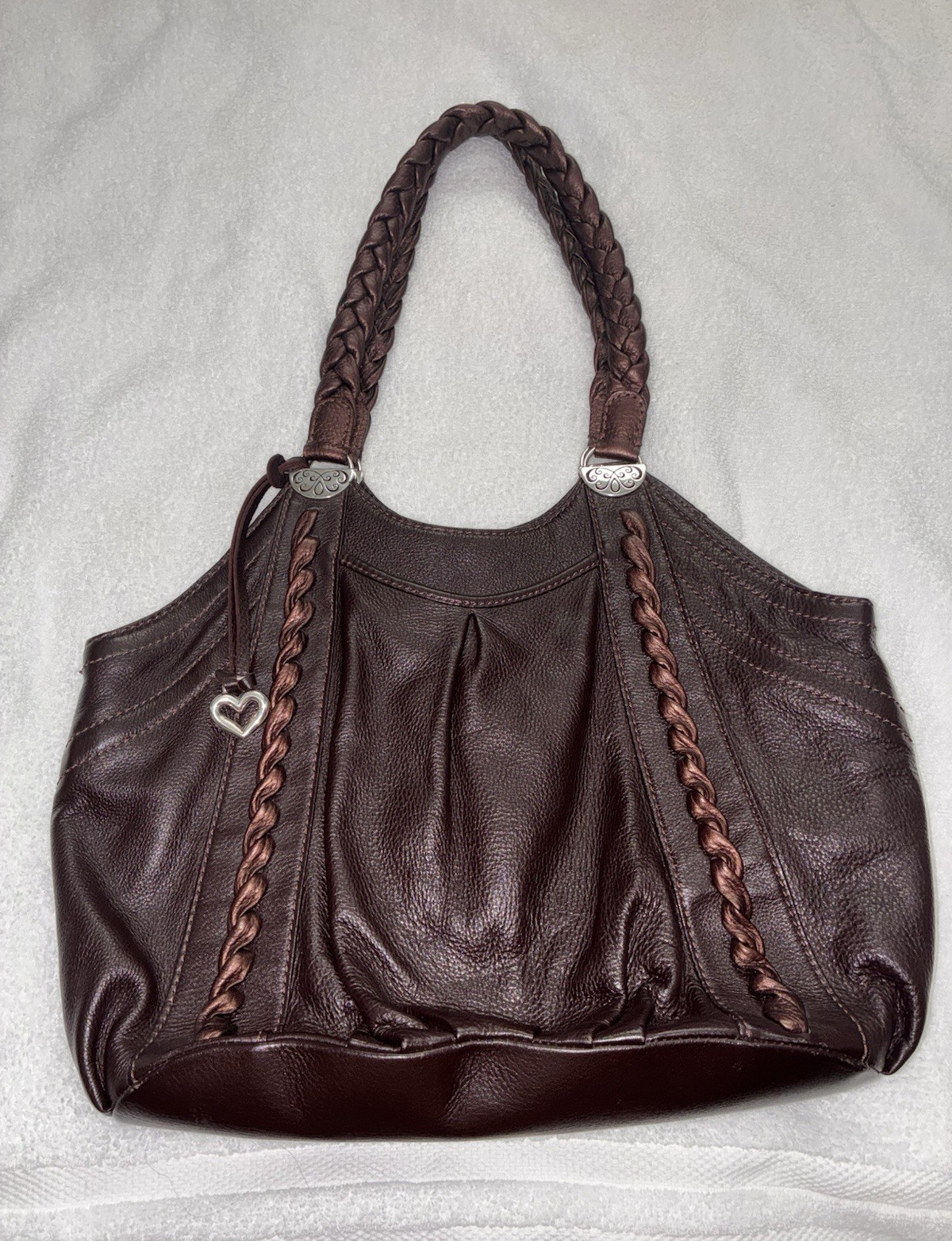 Brighton Large Brown Shoulder Bag Braided Handles Heart Charm Paisley Lining