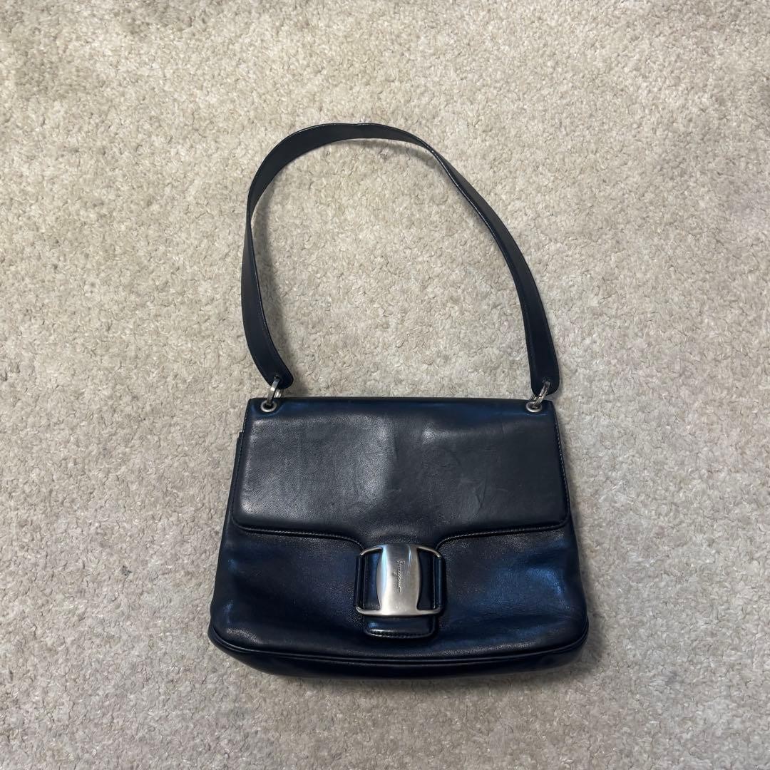 Authentic Ferragamo Black Leather Shoulder Bag 12.6in x 9.4in Slight Damage