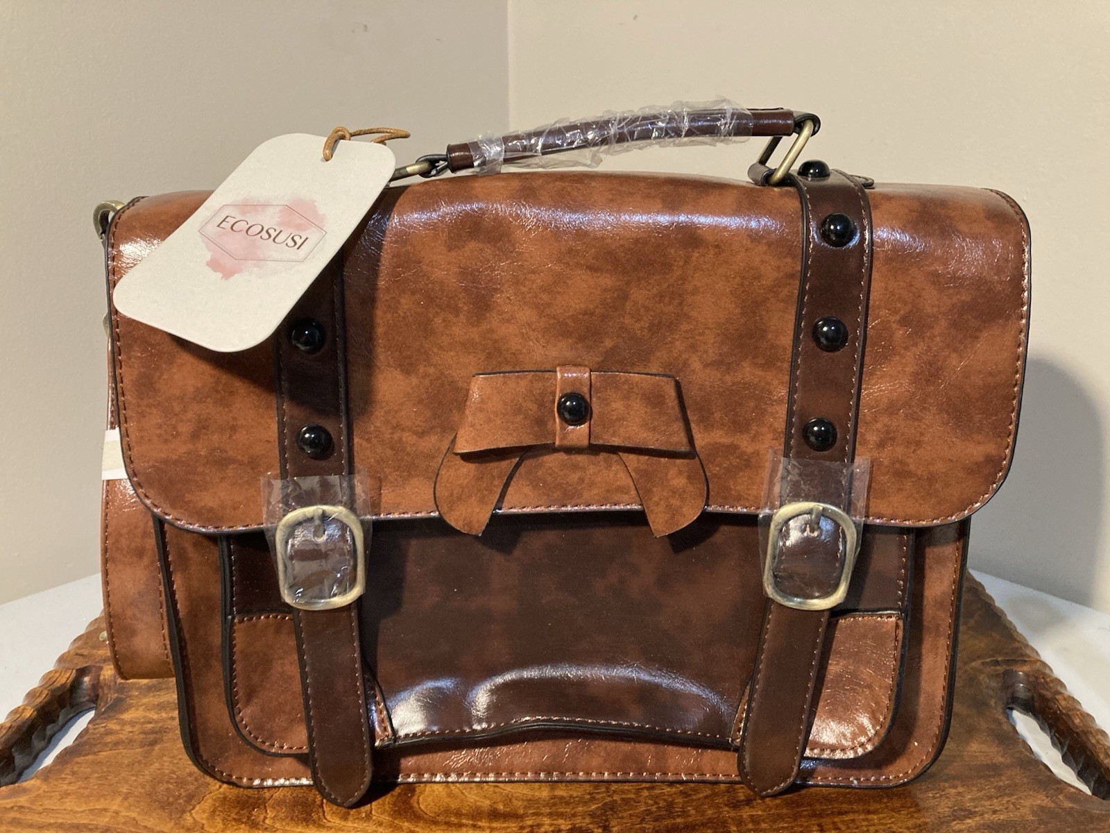New With Tags Ecosusi Woman Purse Messenger Bag Vegan Leather Two Tone Tan/Brown
