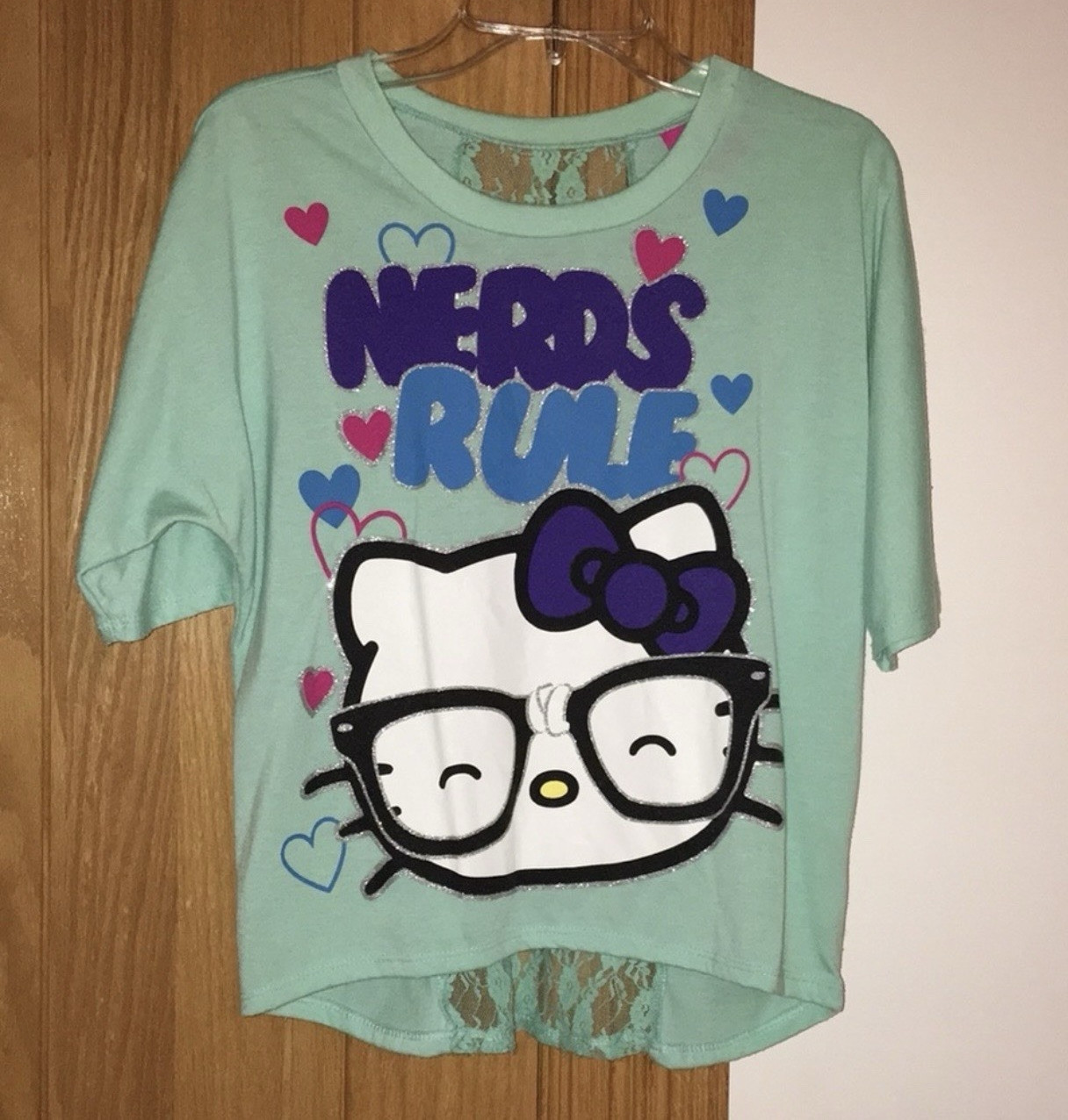 Hello Kitty Nerds Rule Mint Green Lace Back Crew Neck Dolman Sleeve Tee S
