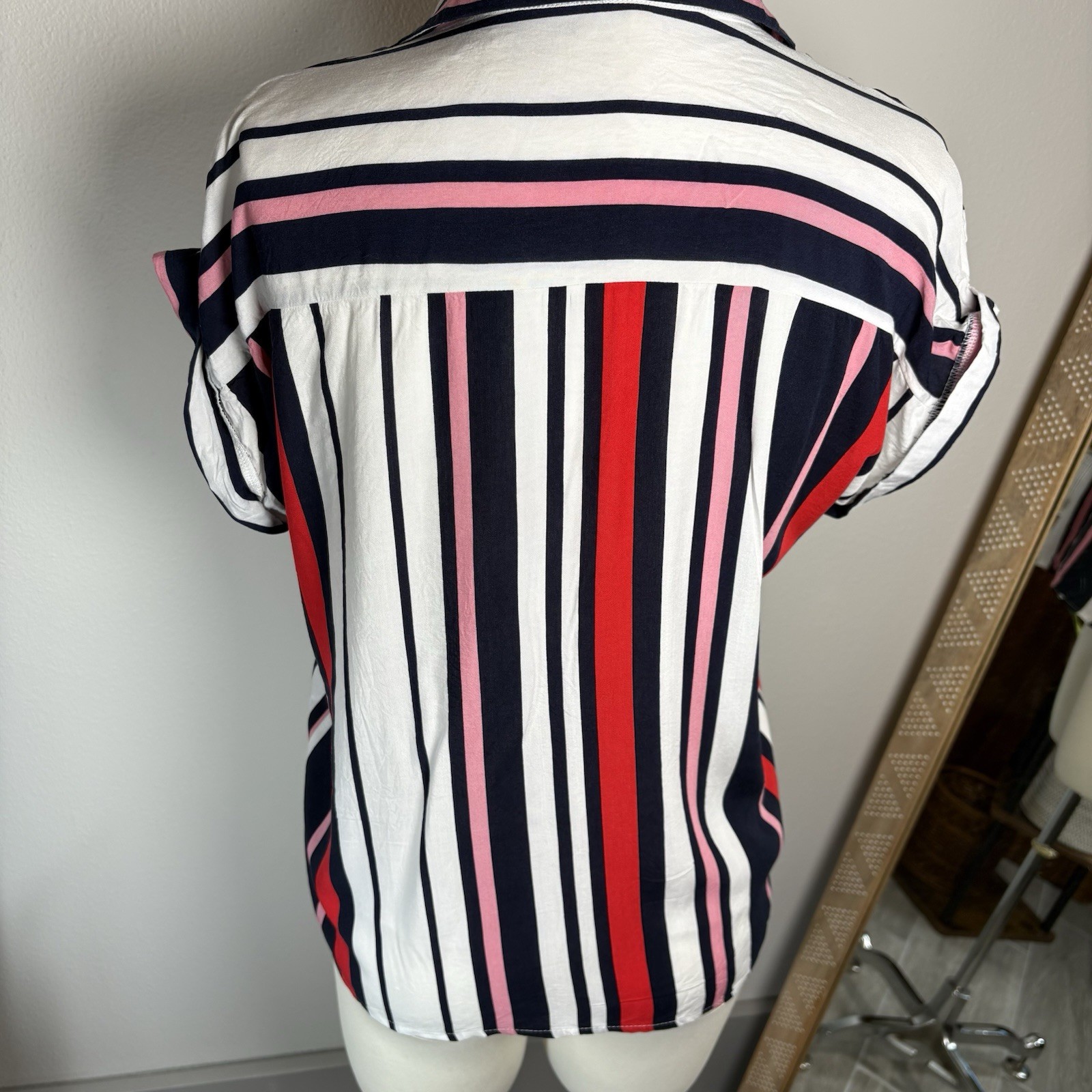 Love Notes Women’s Large ~ Red Pink Blue White Striped Button Up Blouse
