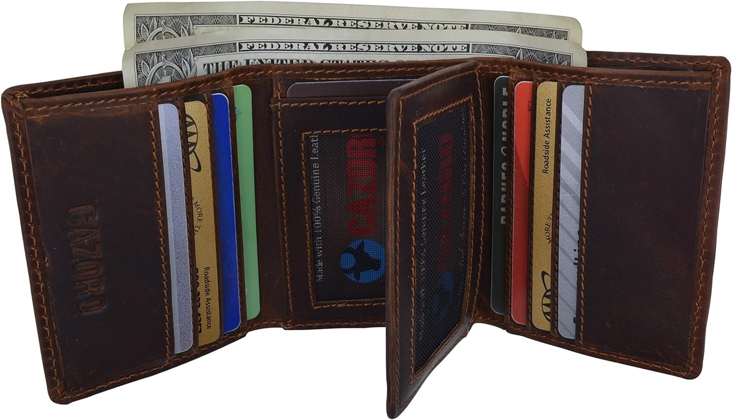 CAZORO Mens RFID Blocking Hunter Leather Credit Card ID Trifold Wallet