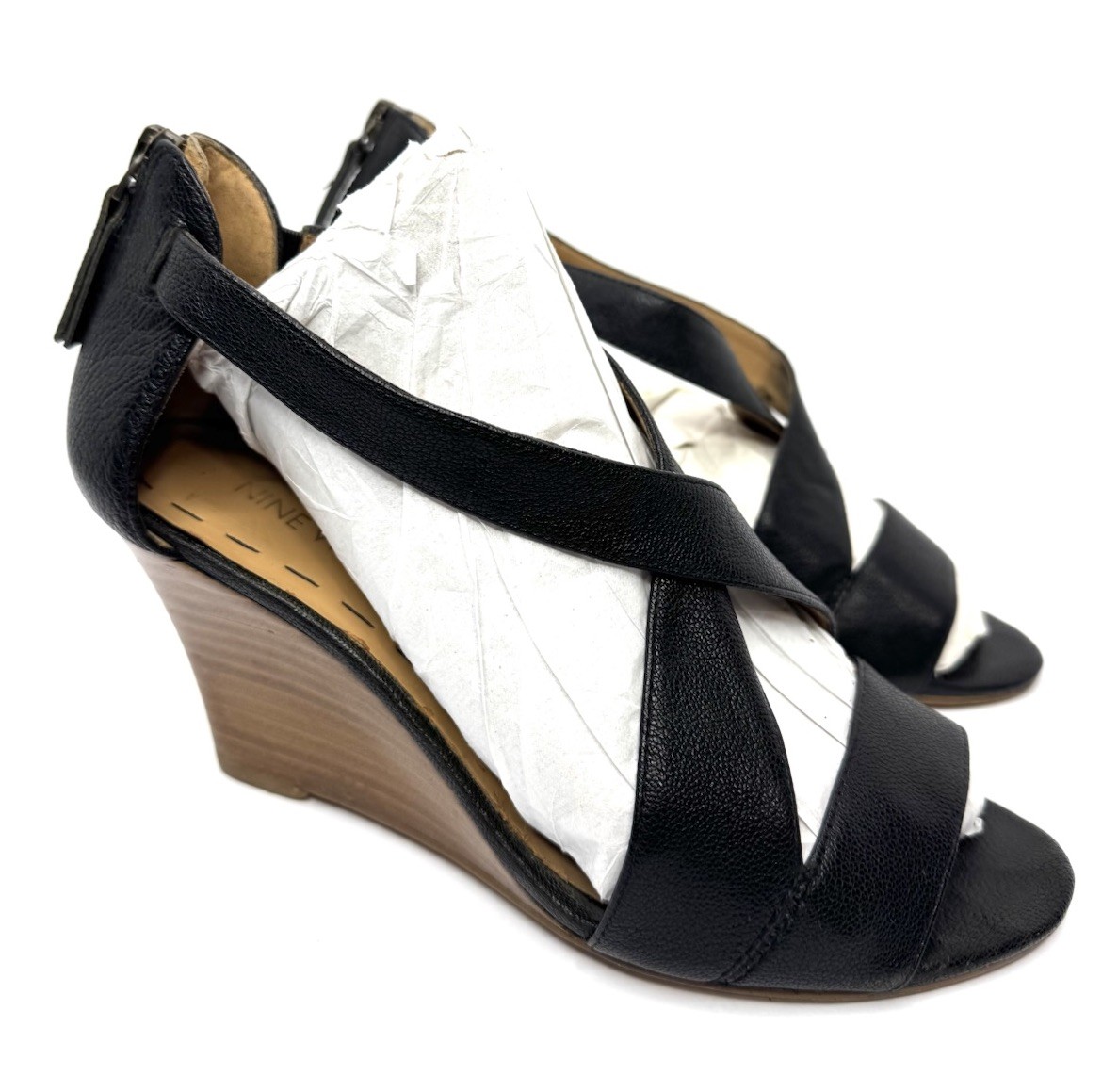 Nine West Women’s Black Leather Wedge Sandals Strappy Peep Toe Size 7M