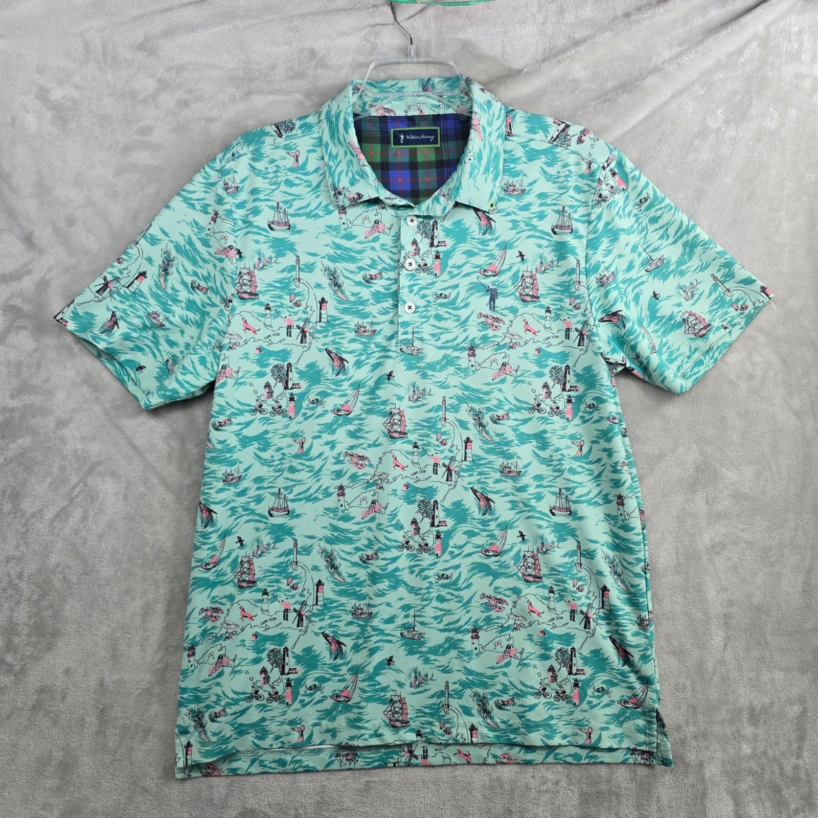 William Murray Large Cape Cod Mens Aqua Nautical Map Print Golf Polo Shirt EUC