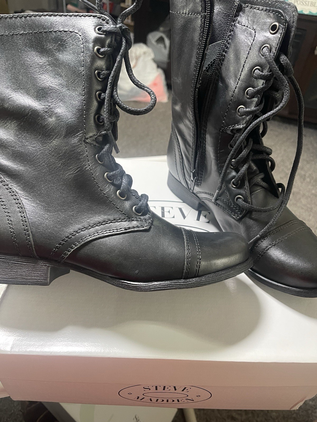 Steve Madden Troopa Black Leather Lace-Up Combat Boots Zipper Cap Toe US 7