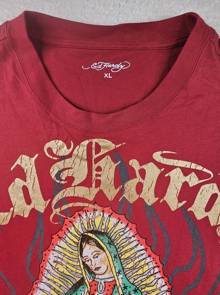 Ed Hardy Religion Jesus Mother Mary Mens XL Graphic Print Tattoo T-Shirt Red