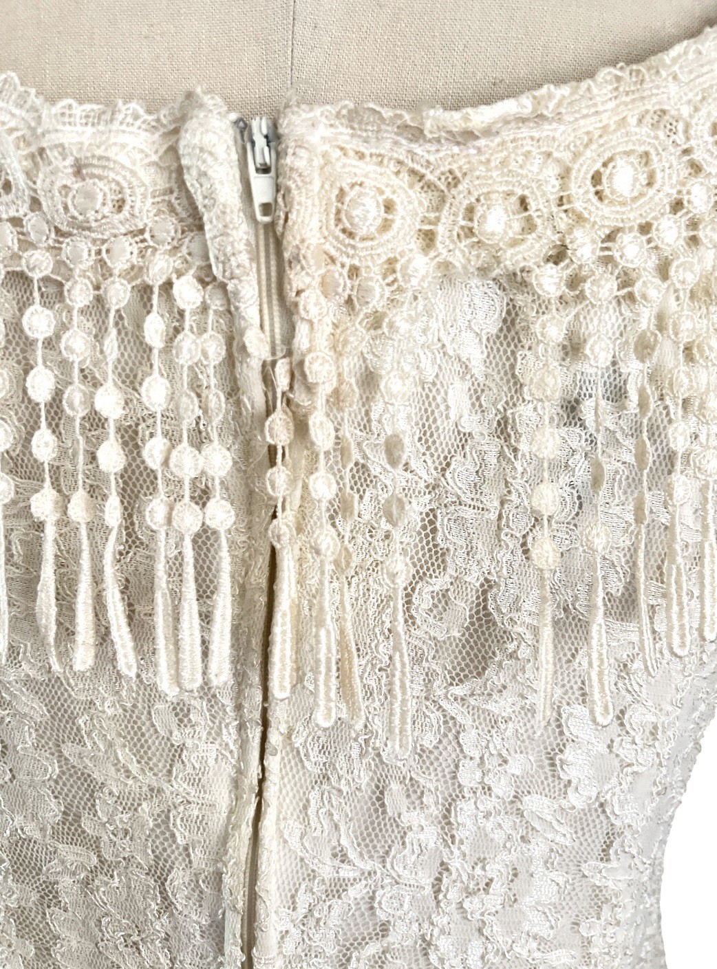 Y2K 90s Lace Midi Dress Sheer Pleated Pearl Beaded Fringe Cottagecore Bridal