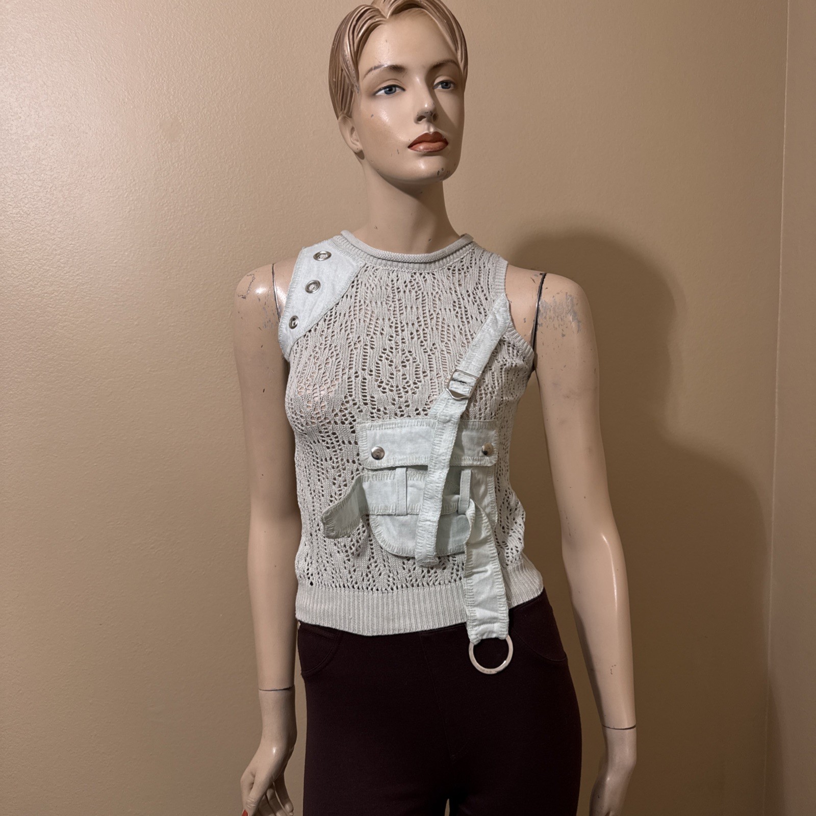 Women’s Light Blue Cotton Casual Stretch Buckle Knitted Pocket Size M/L Blouse