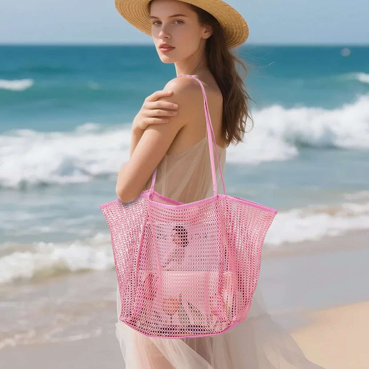 Summer Mesh Tote Bag, Lightweight Shoulder Bag for Beach Travel Pool & Gym