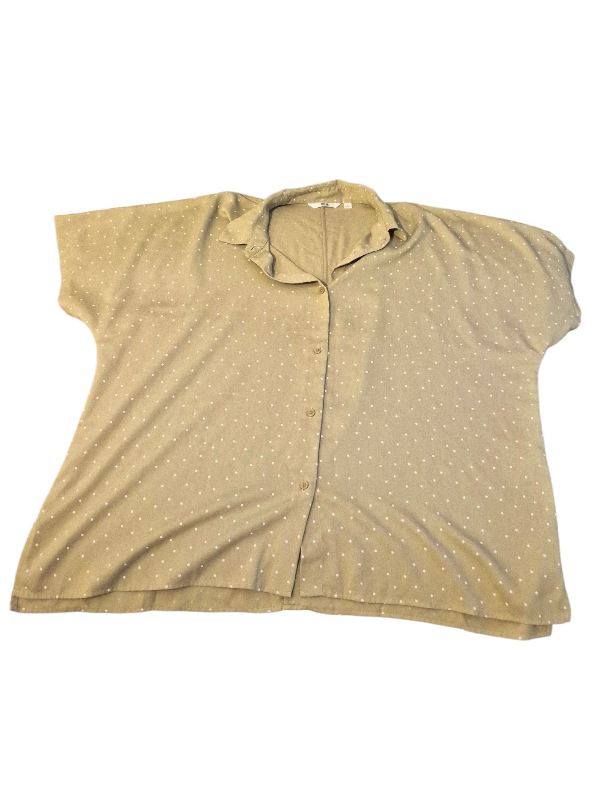 UNIQLO Sage Green Polka Dot Rayon Blend Button Down Blouse Women’s Large Y2K