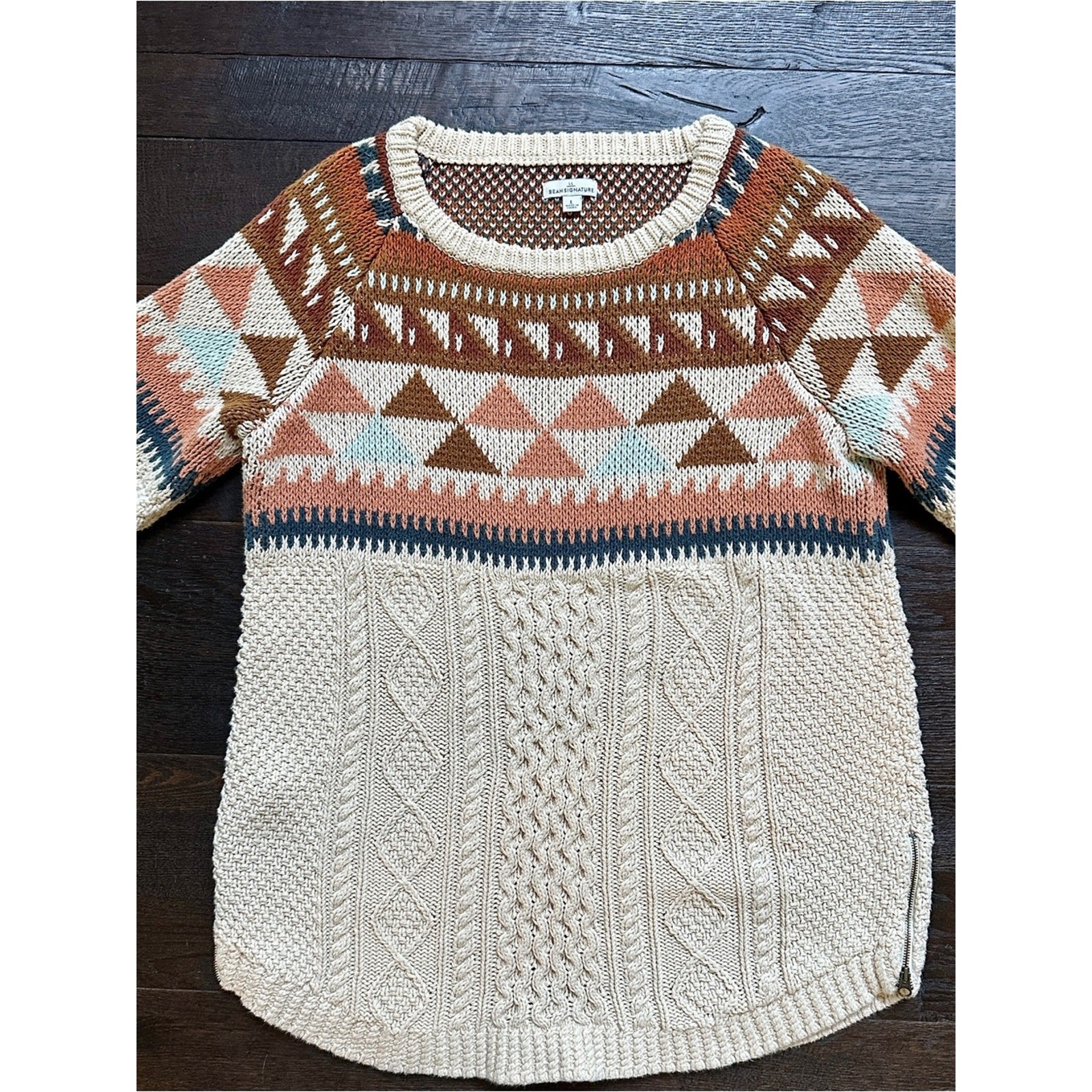 LL Bean Signature Cable-Knit Sweater Cream & Rust Size L 100% Cotton