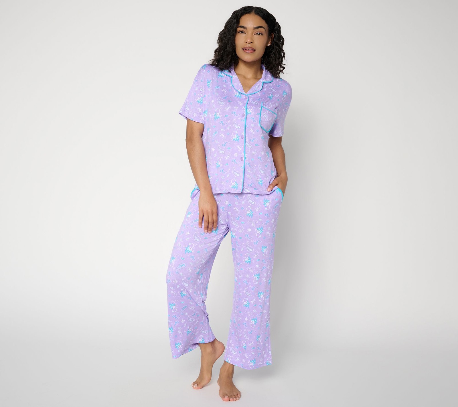 Muk Luks Contrast Trim Notch Collar and Cropped Pant Pajama Set Purple Paisley L