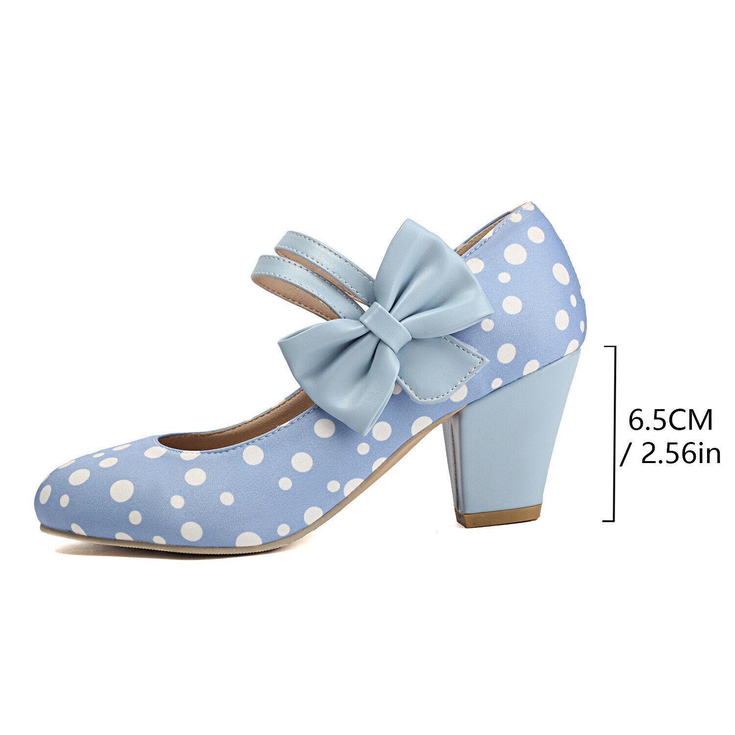 Women’s Bowknot Polka Dot Mary Jane Sweet Dress Party Casual High Heels OL Shoes