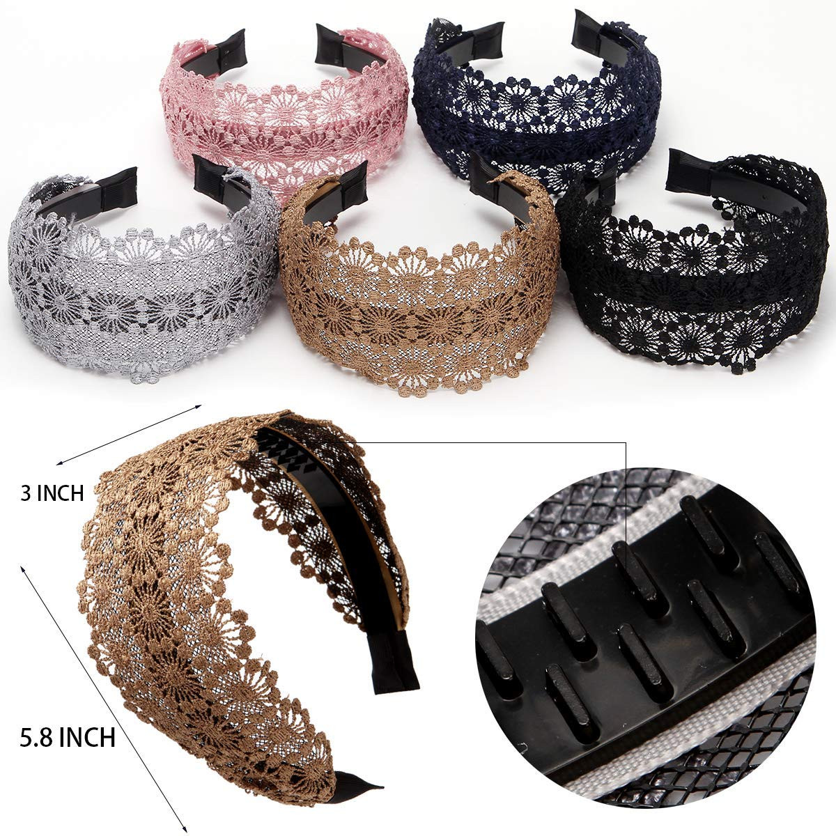 Non-Slip Multicolor Lace Headband Wide-Head Cutout Hard Headbands for Women and