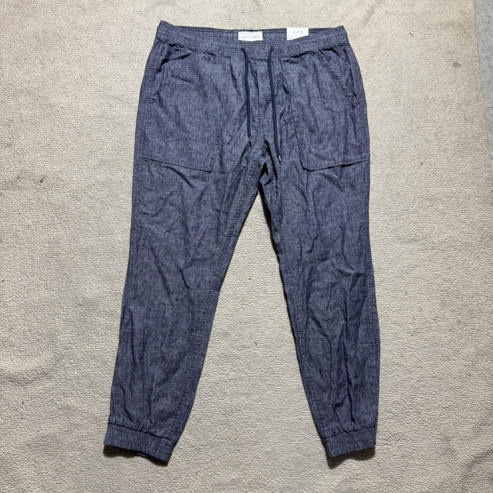Sun + Stone Pants Mens Large Linen Joggers Basic Navy Stretch Drawstring 34×26.5