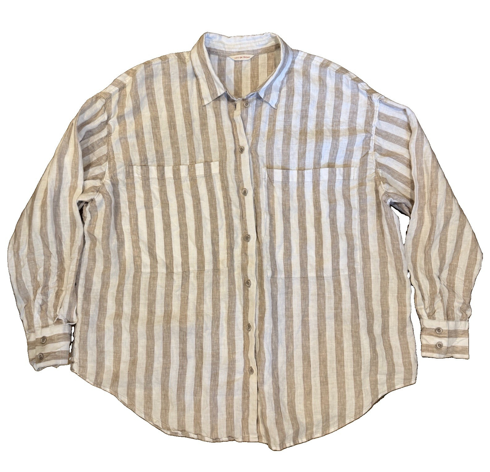 Left On Friday Unisex S/M Beige/White Striped Linen LS Button-Up Shirt