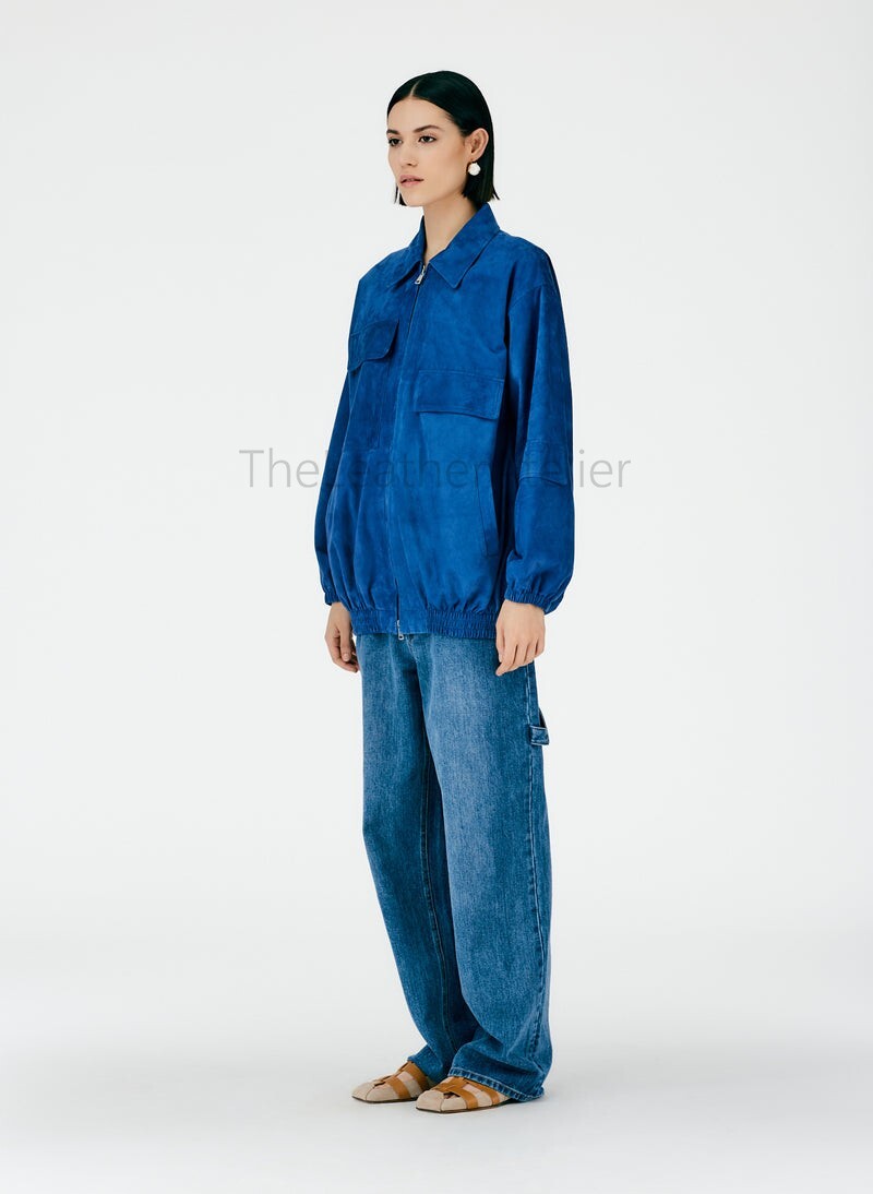Premium Suede Leather Bomber Jacket Cerulean Blue Oversized Retro Urban Luxury