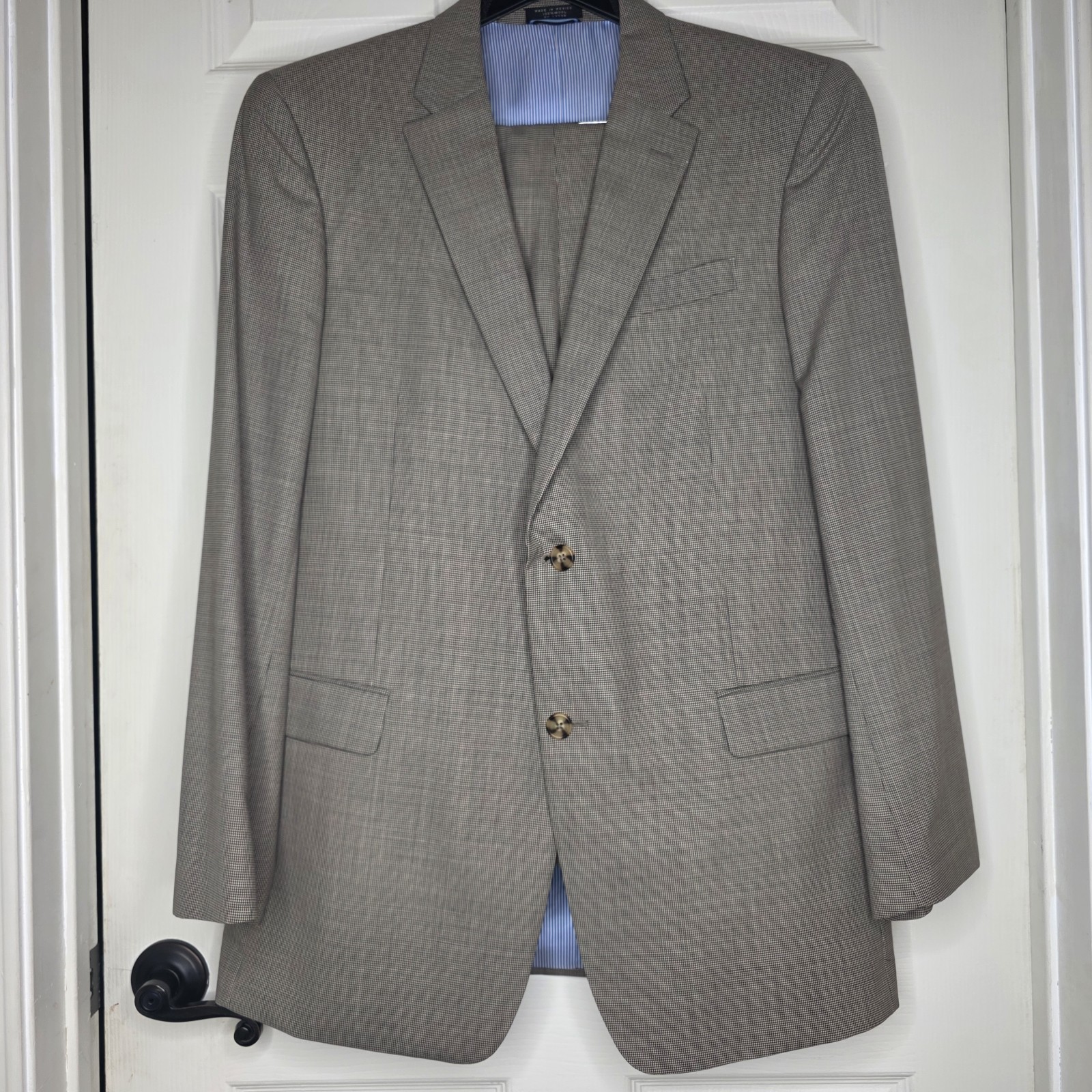 Tommy Hilfiger 2 pc Suit Men’s 44L 38×31 Pants Brown Hounds Tooth Lined 2-Button