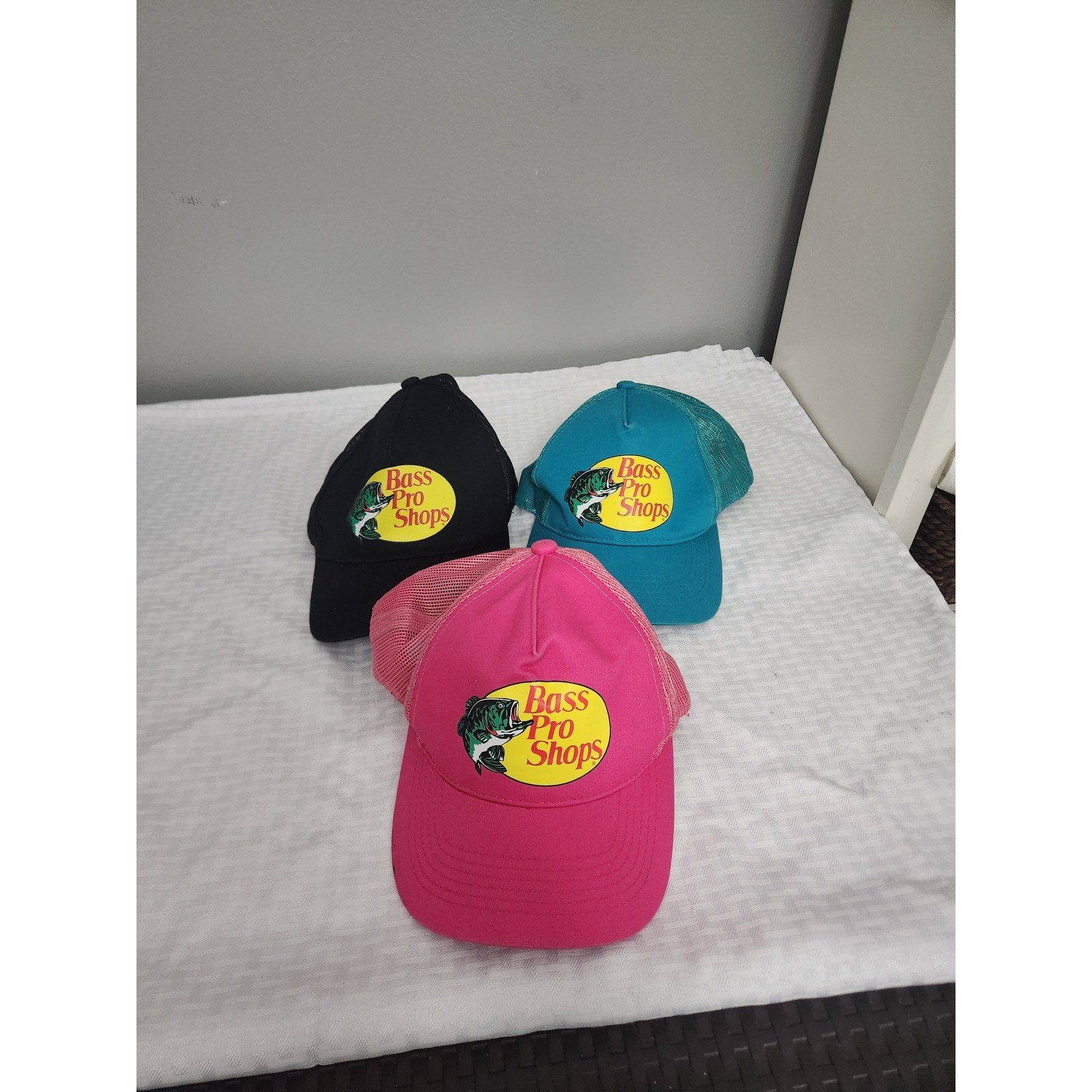 Bass Pro Shops Trucker Hat Bundle 3 Pack Black Pink Teal Mesh Snapback Caps
