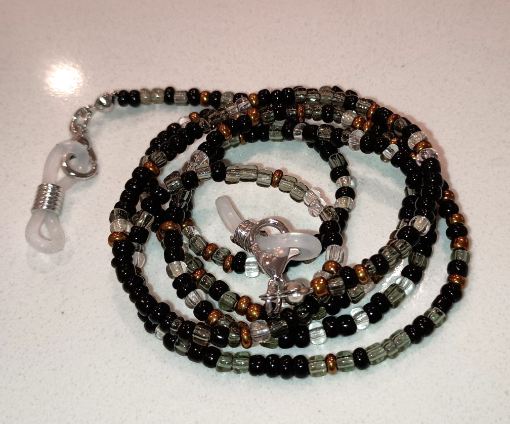 Beaded Necklace With Clasps For Holding Glasses, Masks, Or IDs Black and Bronze