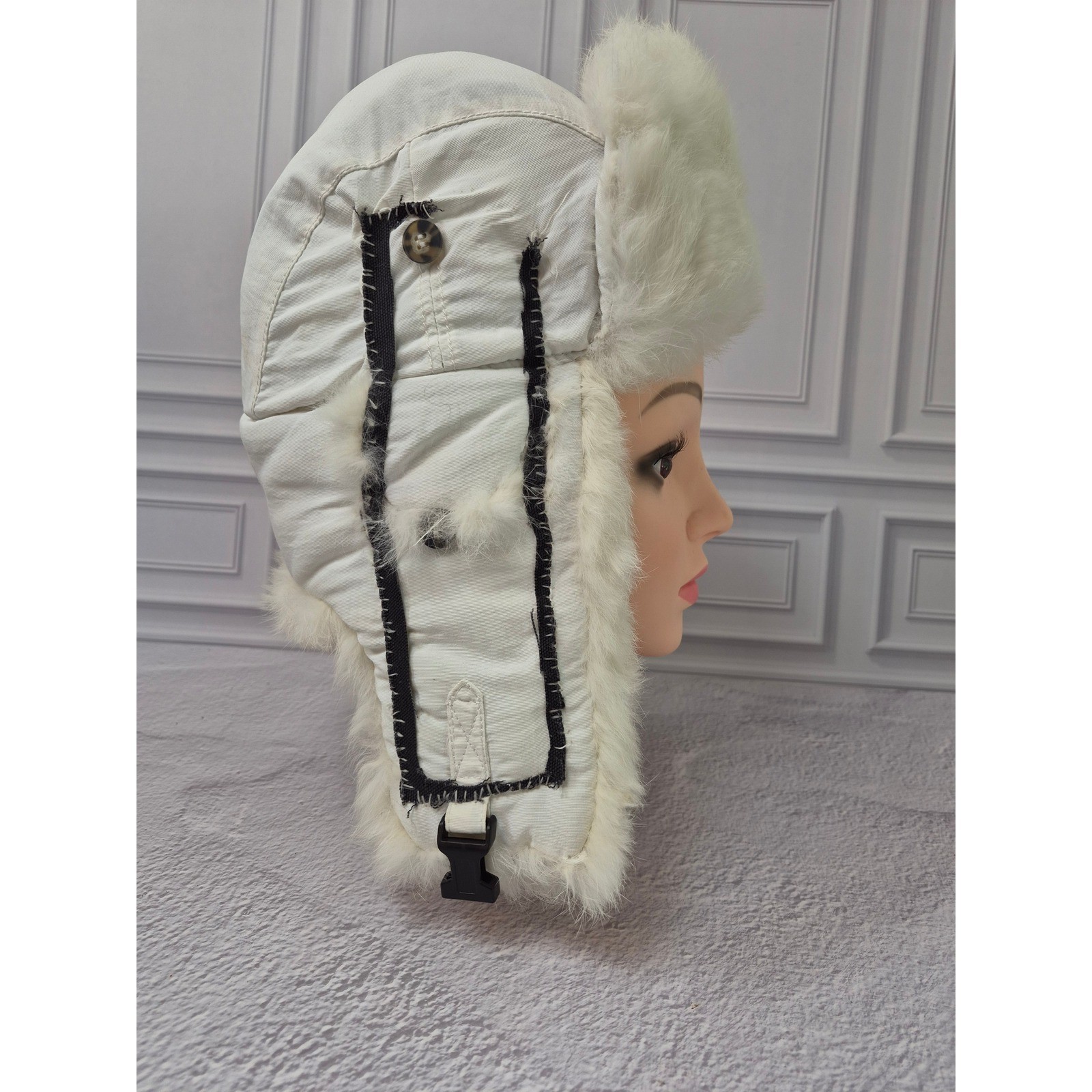 Mad Bomber White Trapper Hat Genuine Rabbit Fur Trim Aviator Winter Cap Womens