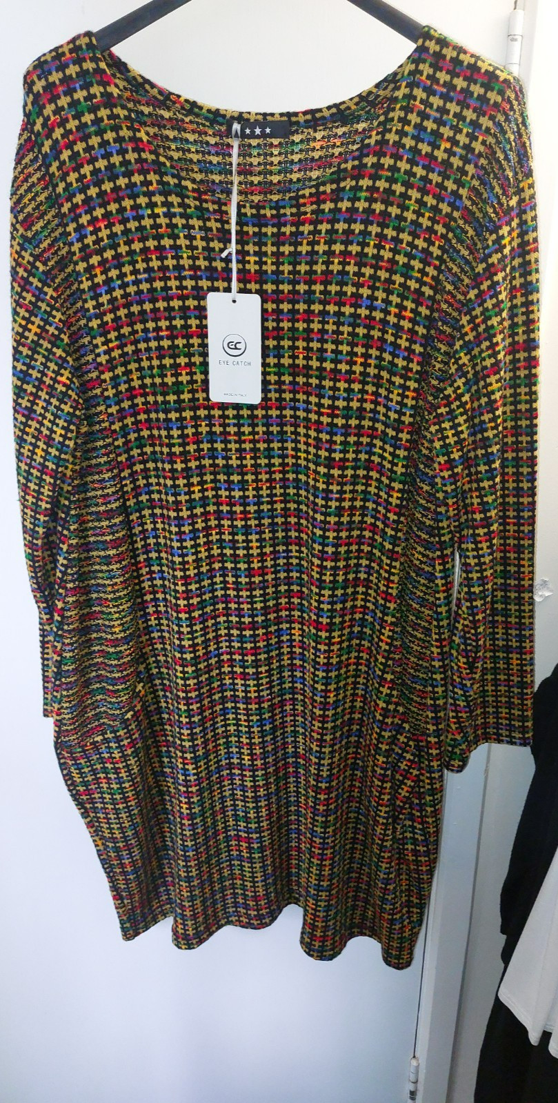 New MADE ITALY Mustard Multi RUBIX Knit Jumper Dress One Size 14-16-18-20-22-24