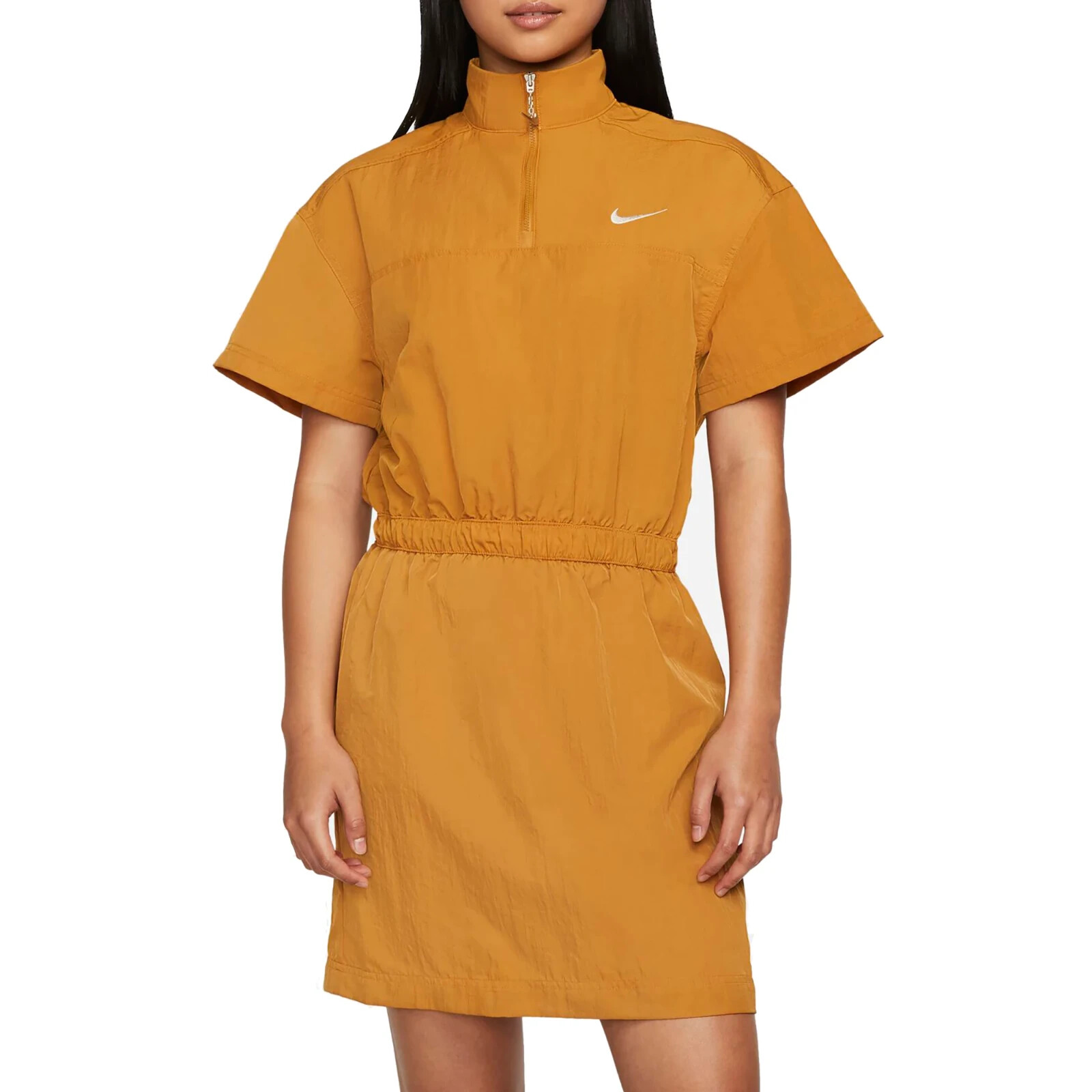 NIKE WOMENS SPORTSWEAR SWOOSH WOVEN DRESS 1/4 ZIP SIZE MEDIUM DESERT OCHRE $80