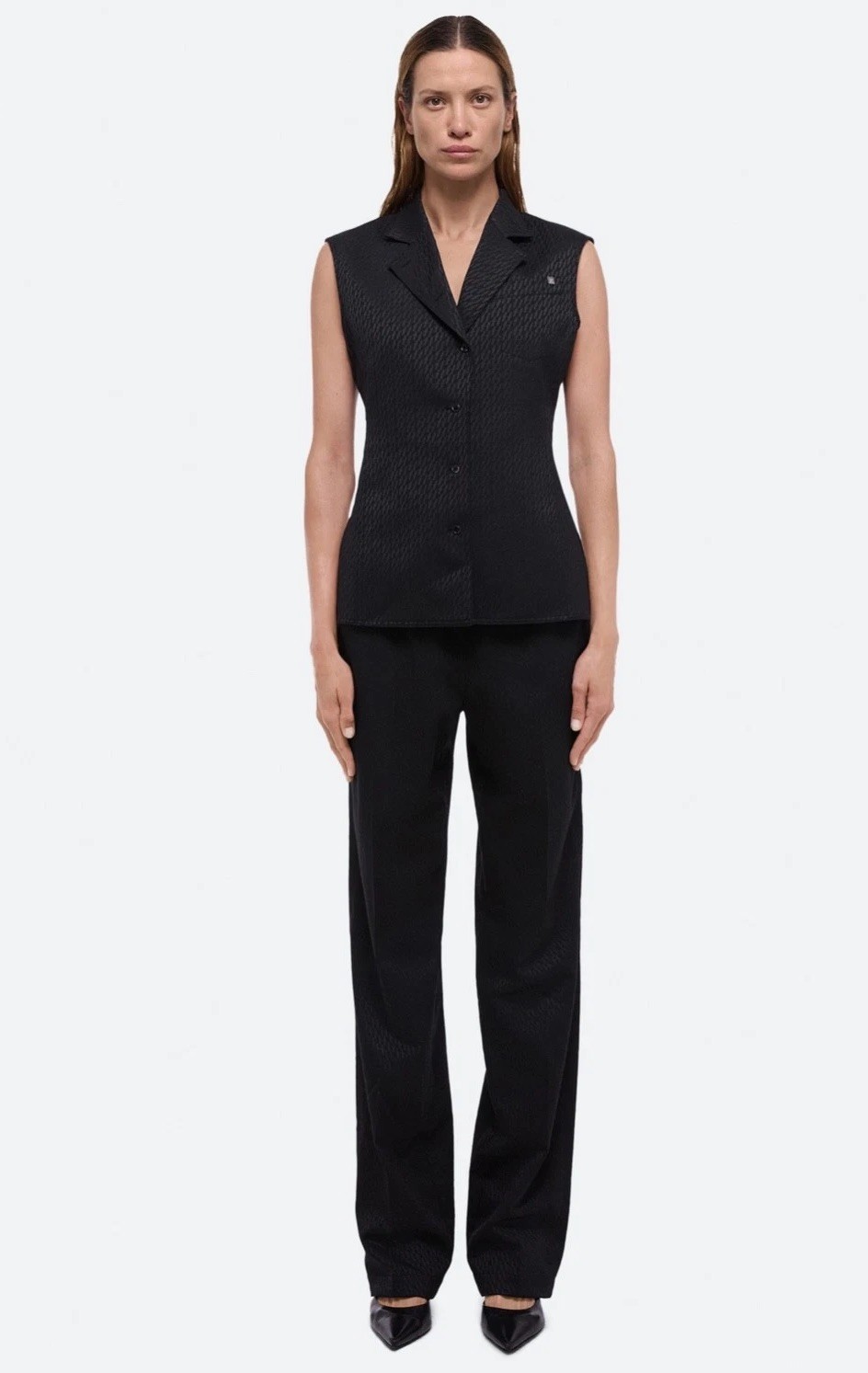 $545 HELMUT LANG Size 8 Sleeveless Modest Vest Black Tonal Jacquard Top