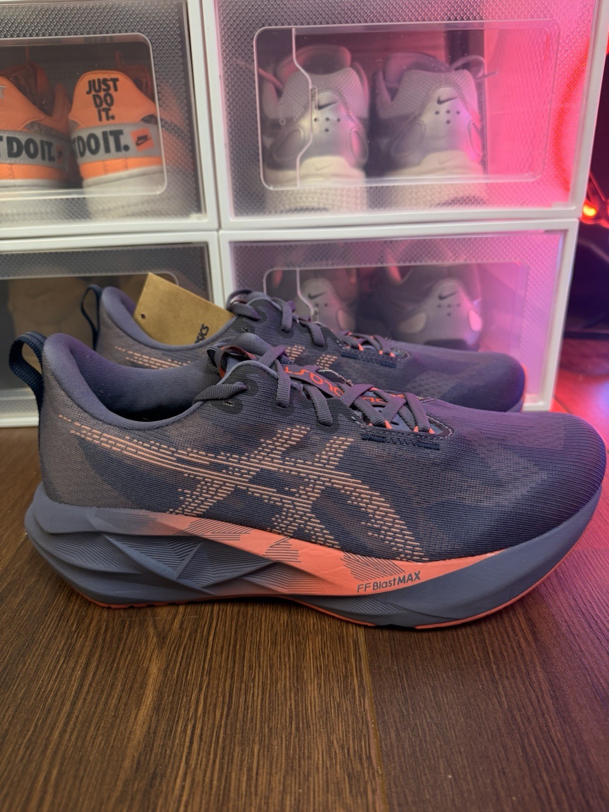 Size 10.5 – ASICS Novablast 5 Greyish Purple Coral Reef W