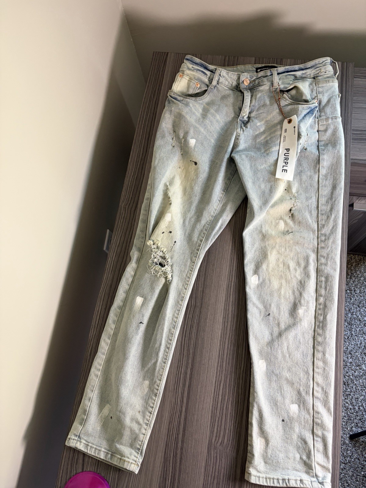 PURPLE BRAND Men’s Light Blue Light Wash Distressed Skinny Slim Fit Jeans 32