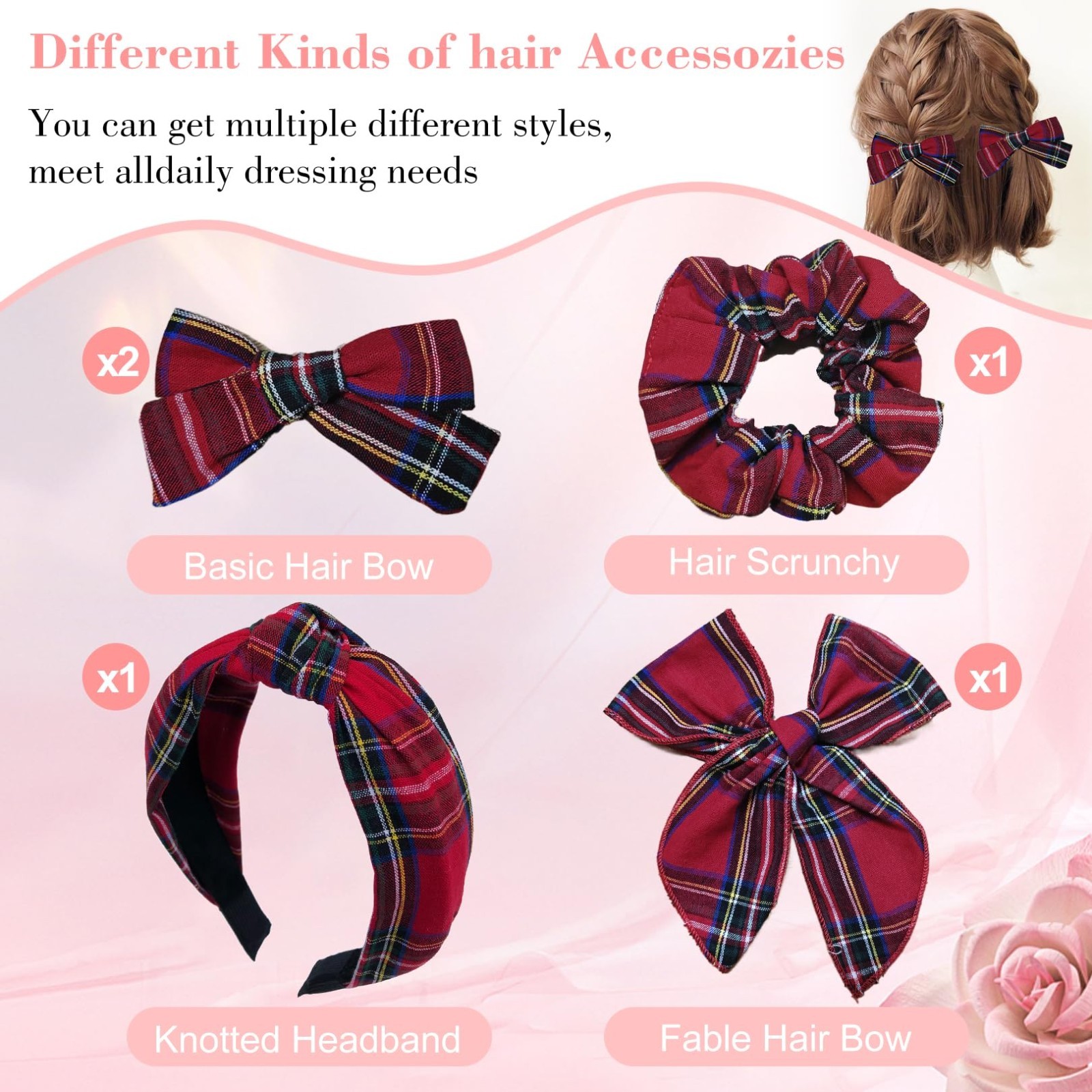 5 Pcs Plaid Headbands & Knotted Scrunchies Set, Holiday Hair Accessories for Wom