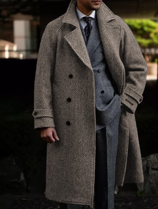 Herringbone Men’s Long Overcoat Tweed Formal Business Double Breasted Men Jacket