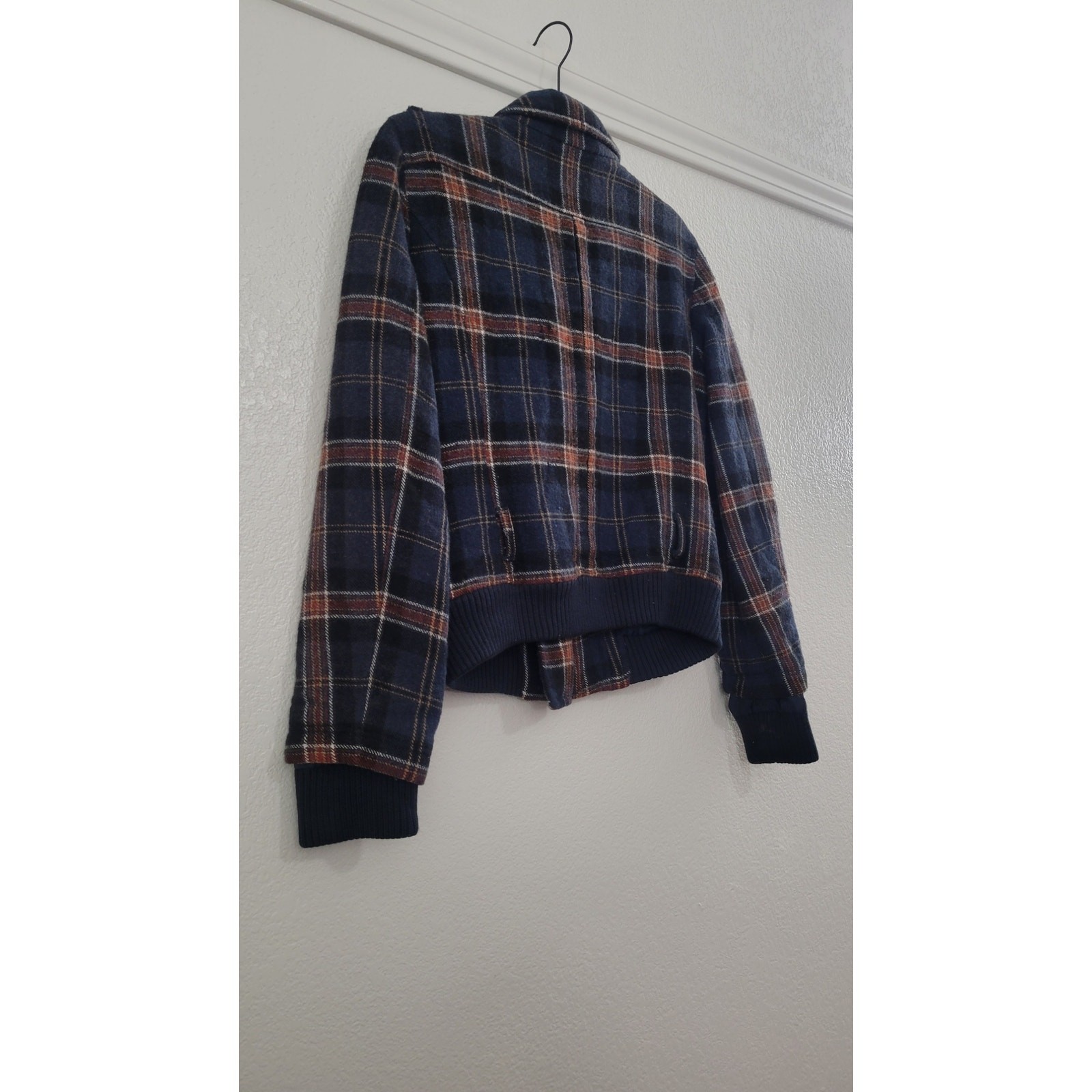 MNG by Mango Wool Blend Plaid Moto Jacket Women’s Small Blue Snap Zip Coat