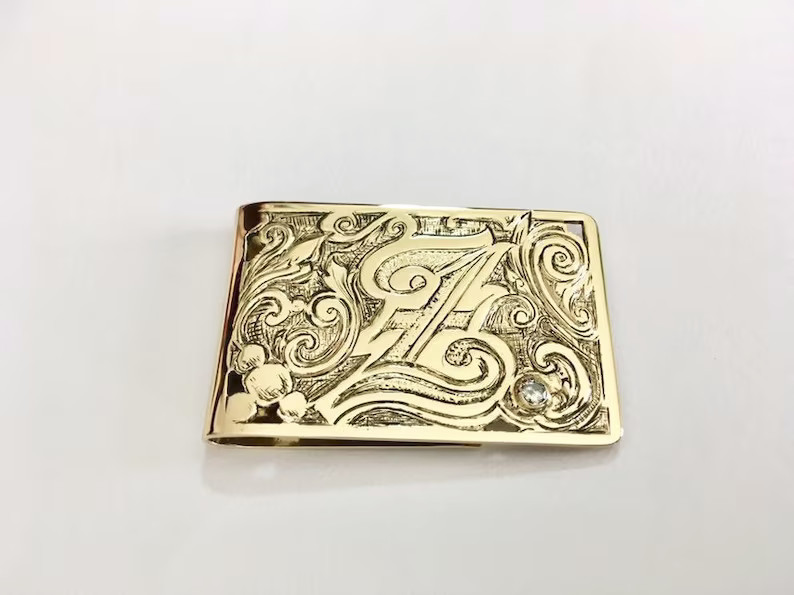 10K Yellow Gold Over Diamond Accent Hand-Engraved Initial Monogram Money Clip 1P
