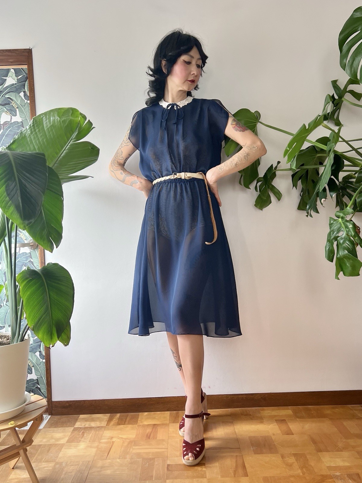 Vintage 70s Navy Sheer Secretary Midi Dress Lace Collar Split Sleeve Bow S/M
