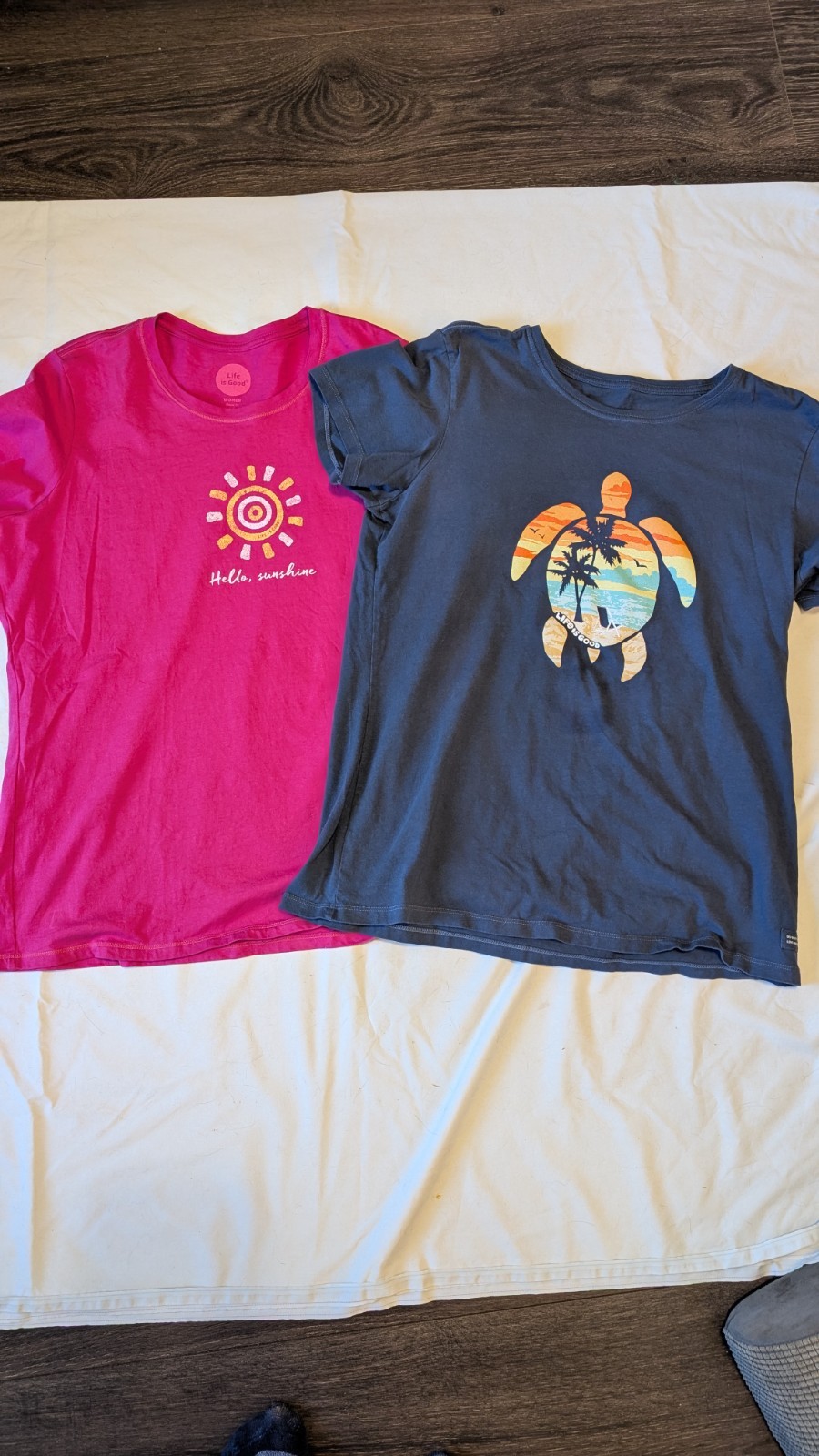 Life is Good Womens Large L Lot of 2 Pink Blue Graphic Crew Neck Tee Shirt