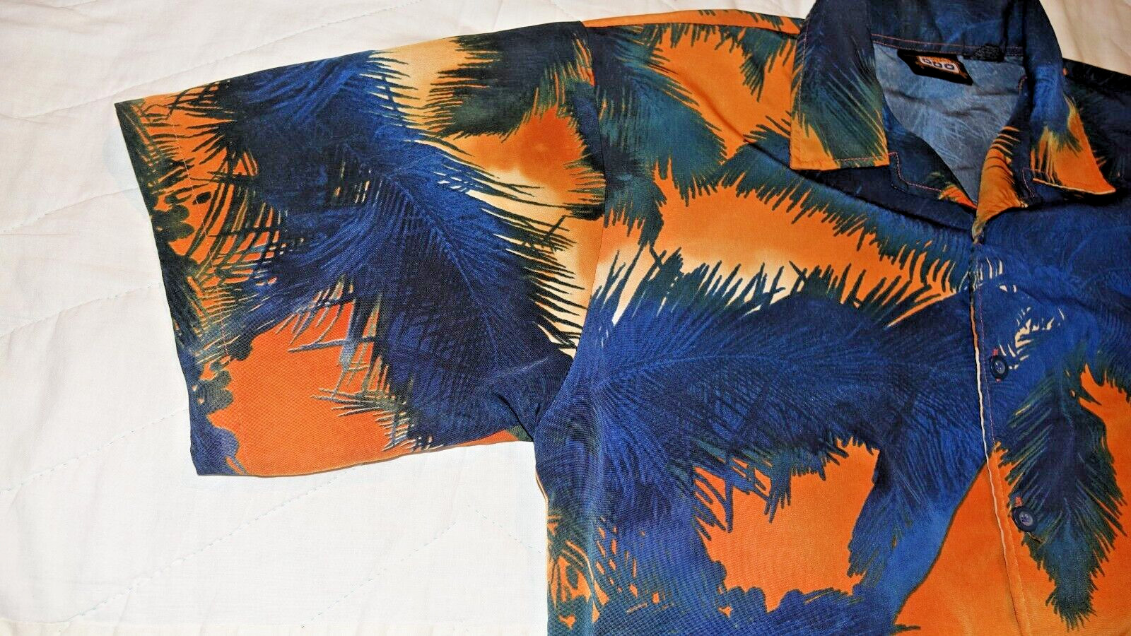 ODO Hawaiian Shirt Men’s Size L Large Loud Blue Orange Ocean Sunset Palm Trees