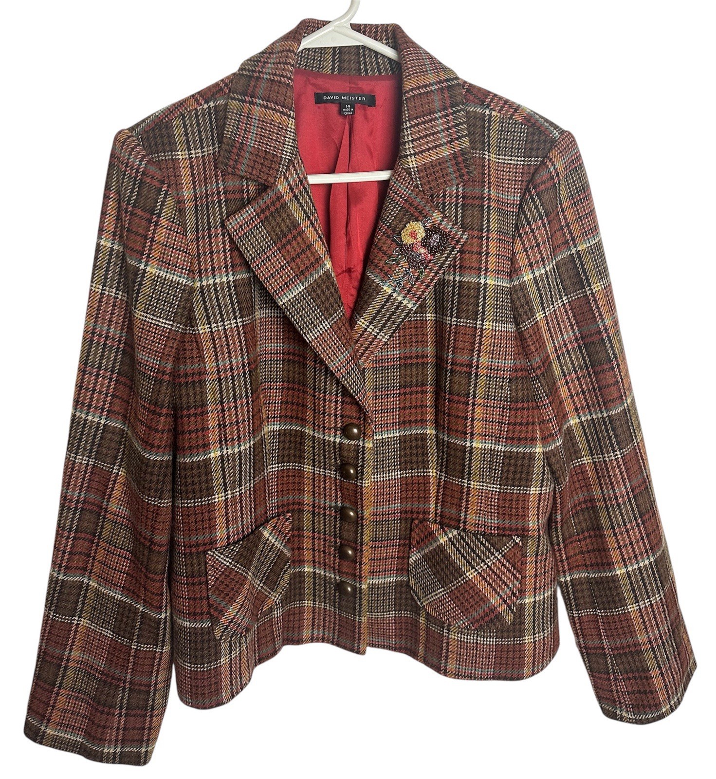 DAVID MEISTER Multi Color Acrylic Blend Plaid Beaded Motif Collar Jacket US 14