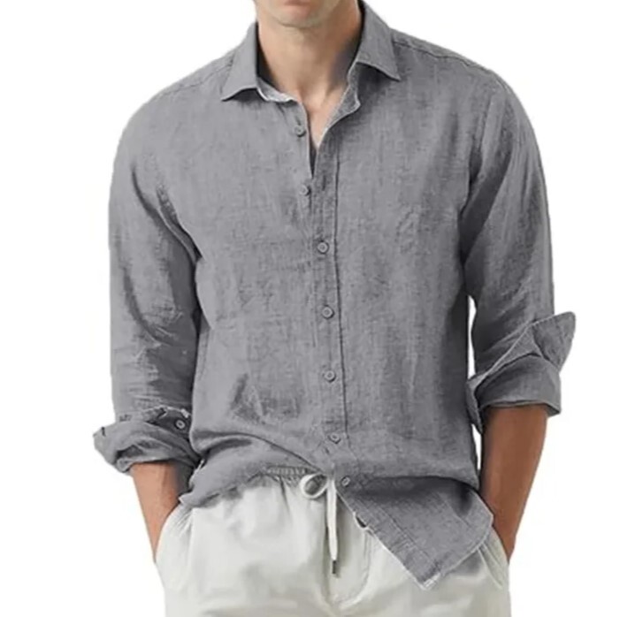 Shirt Men’s Long Sleeve Plain Cotton Linen Club Button Down Short Casual 25% OFF