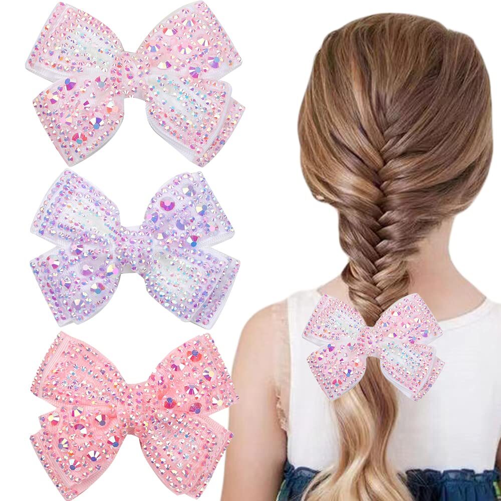 3 Pcs Pearl Hair Bows Girls Rhinestone Bow Alligator Clips Glitter Floral Pink