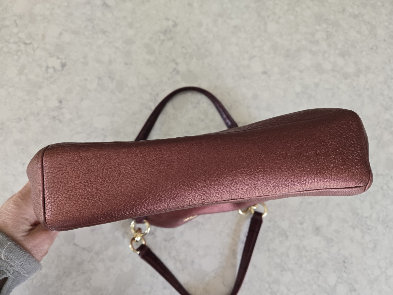 Coach Leah Metallic Wine Purse Handbag Genuine Leather Tote Drop Handles