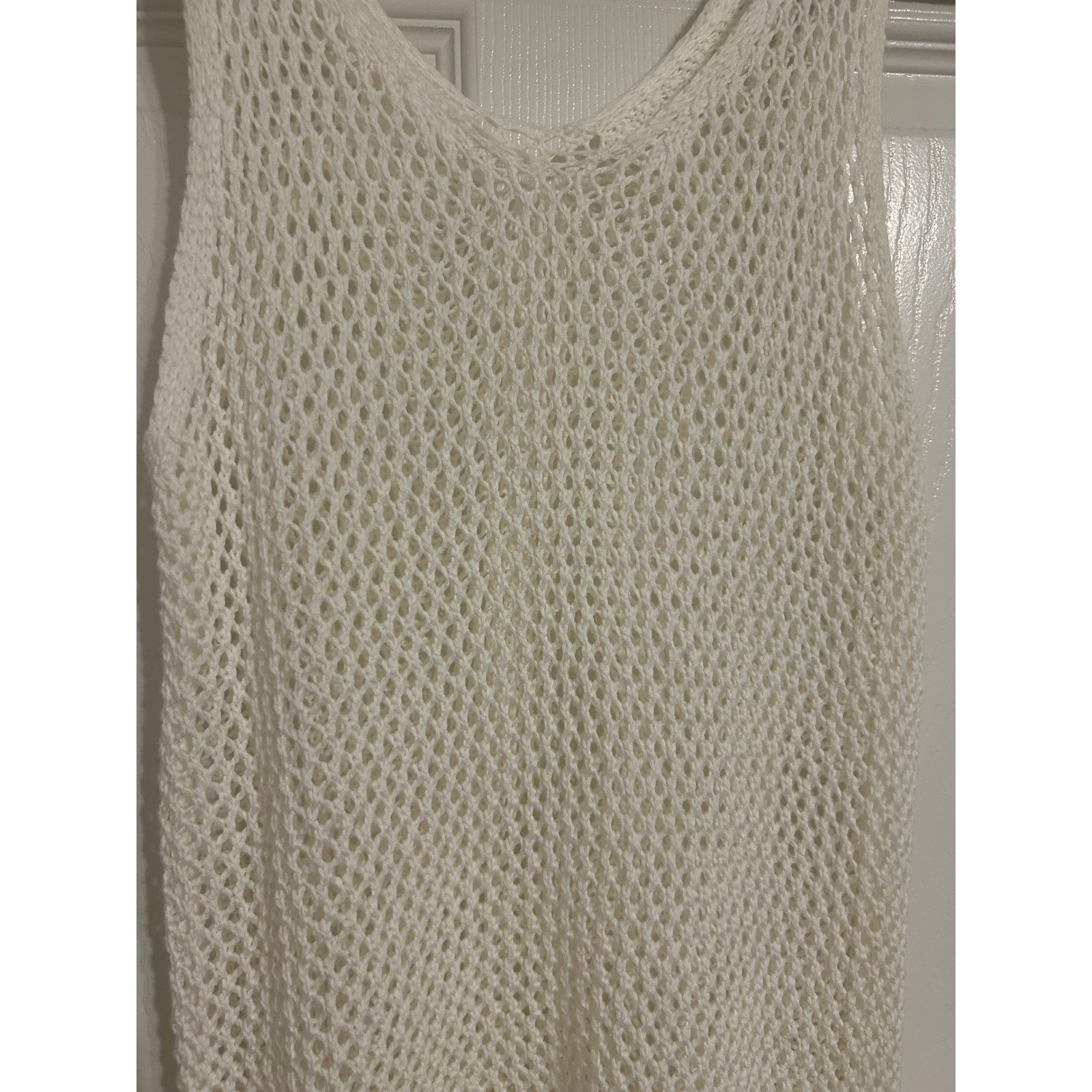 White Crochet Knit Fringe Tank Top Multi Color Floral Accent Beach Cover Up